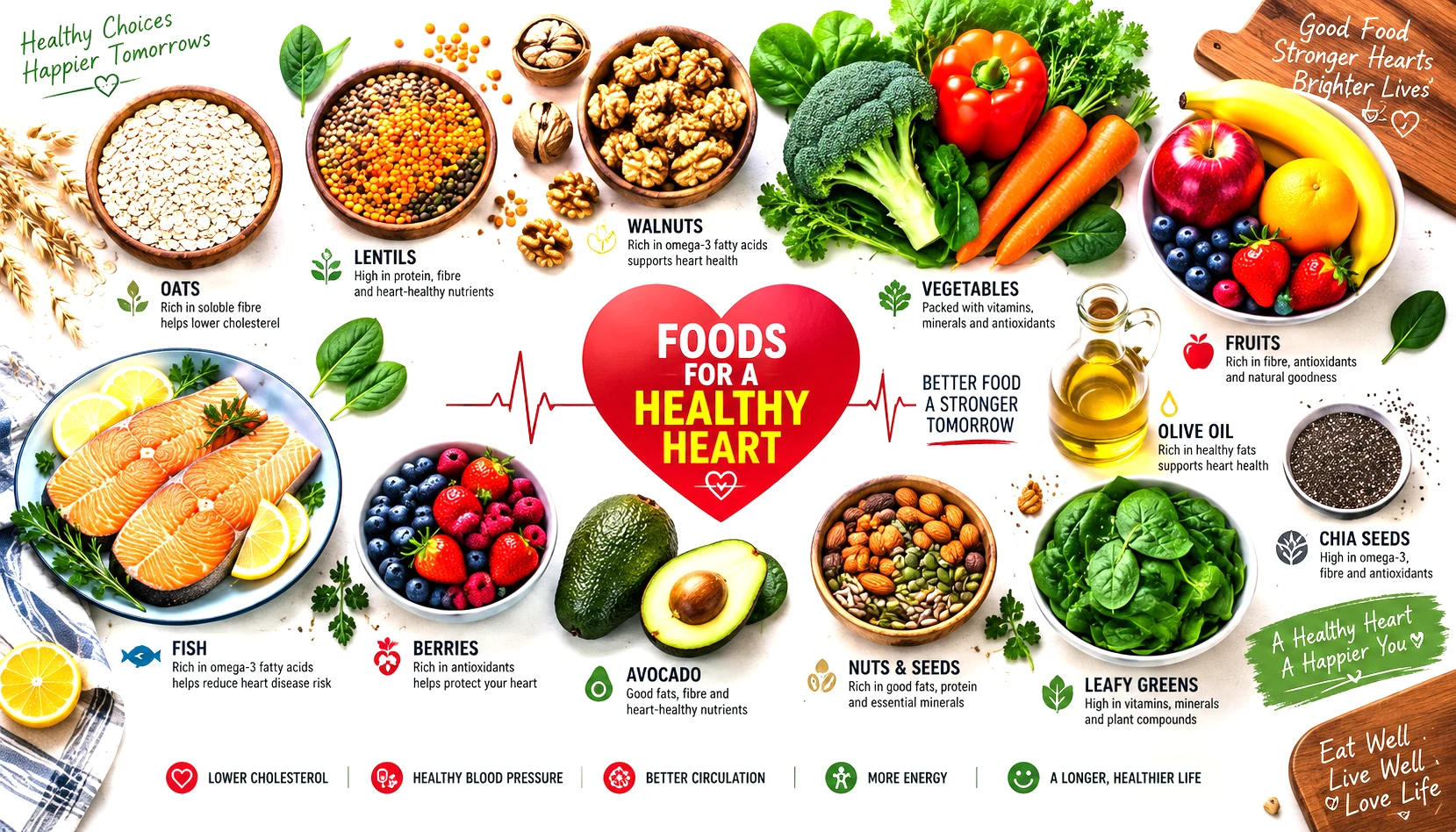 Heart-friendly foods including oats, lentils, walnuts, vegetables, fruits and fish arranged on a table