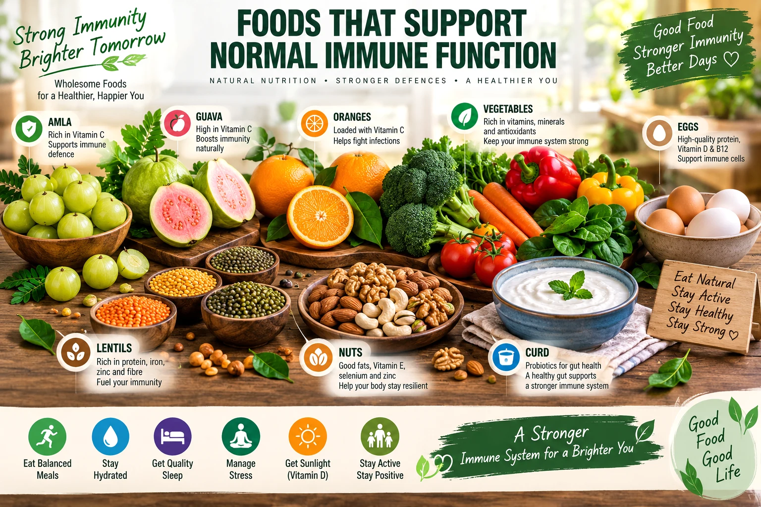 Amla, guava, oranges, vegetables, eggs, lentils, nuts and curd representing foods that support normal immune function