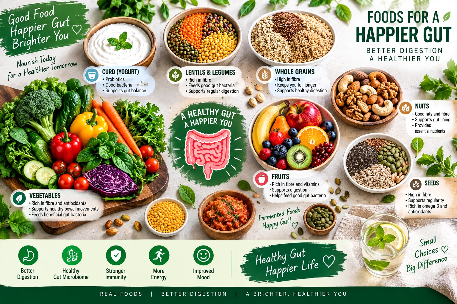 Curd, lentils, whole grains, vegetables, fruits, nuts and seeds representing foods for gut health and digestion