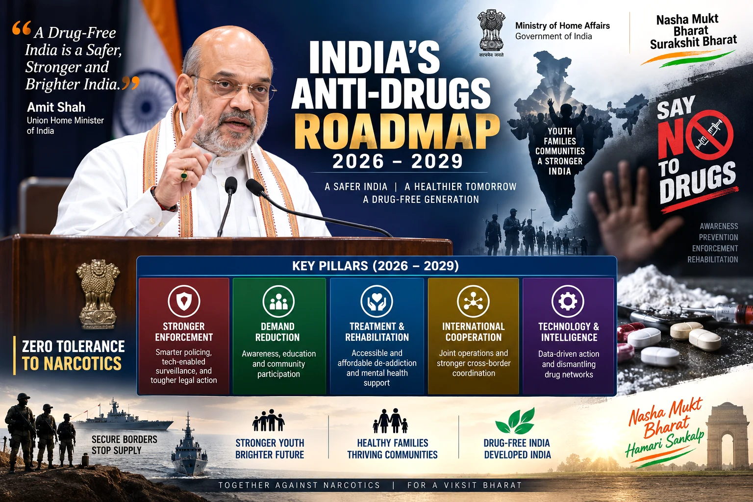 Union Home Minister Amit Shah discussing India’s 2026–2029 roadmap against narcotics trafficking and drug abuse