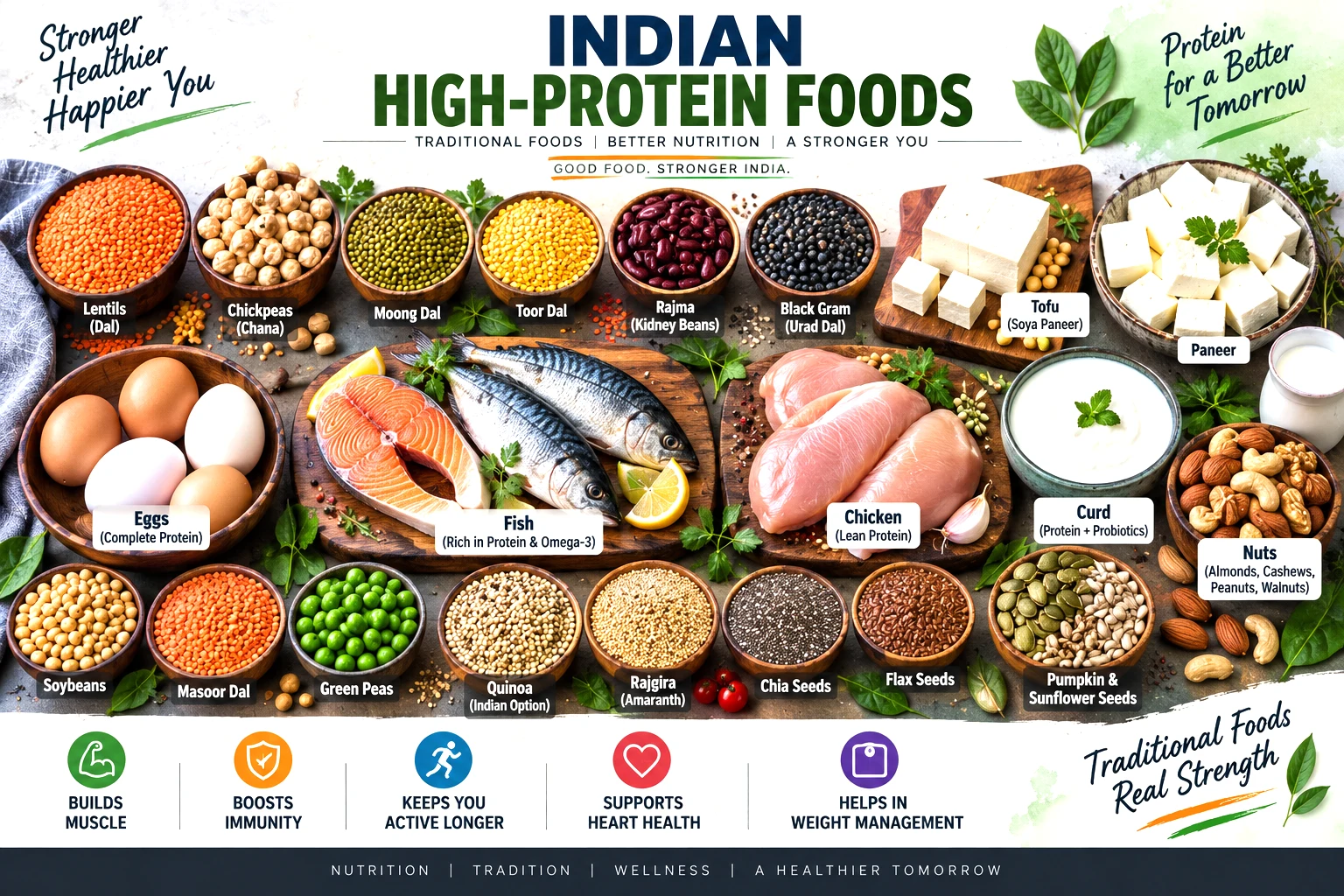 Indian high-protein foods including lentils, chickpeas, tofu, paneer, eggs, fish, chicken, curd and nuts
