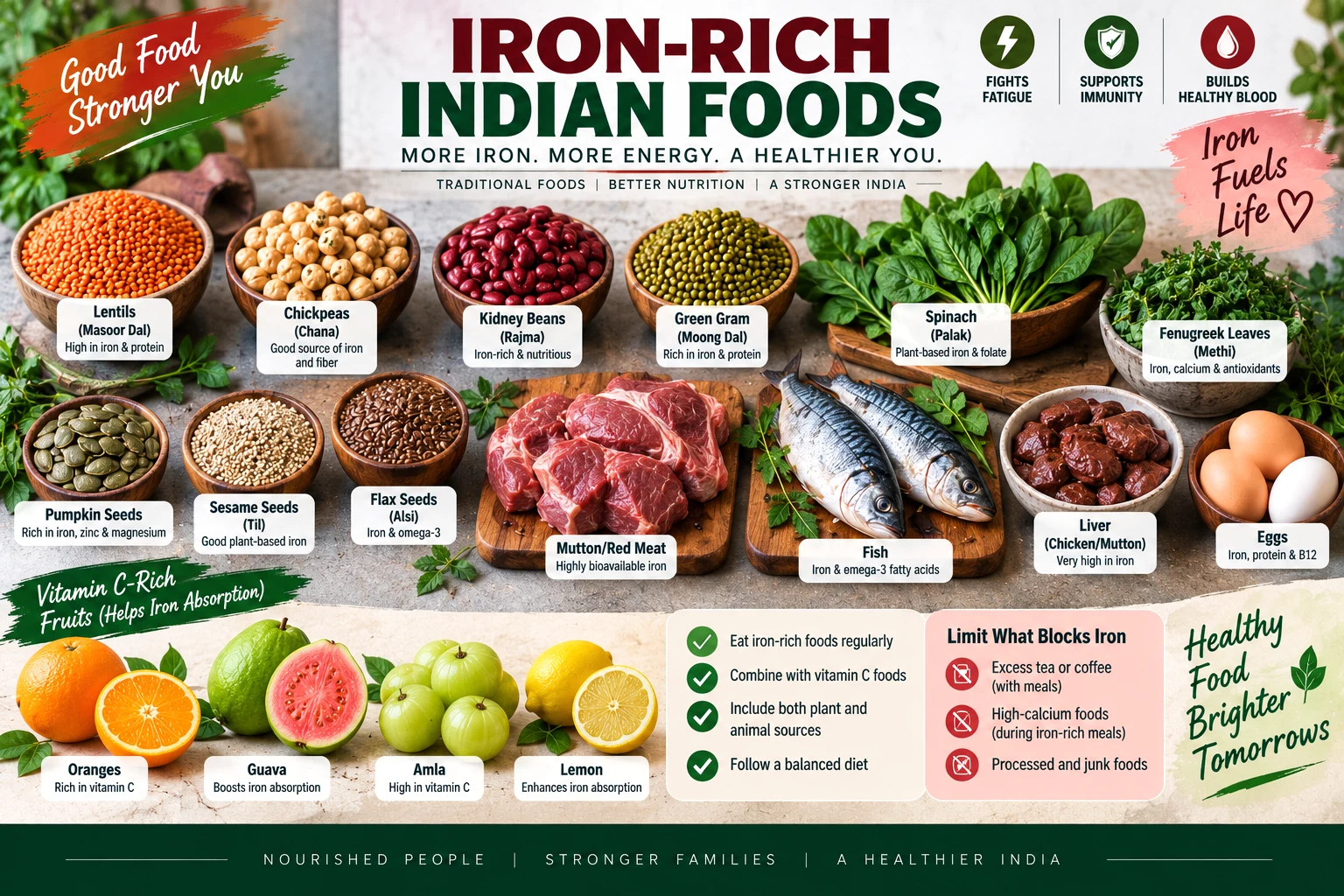 Iron-rich Indian foods including lentils, chickpeas, spinach, seeds, meat, fish and vitamin C-rich fruits