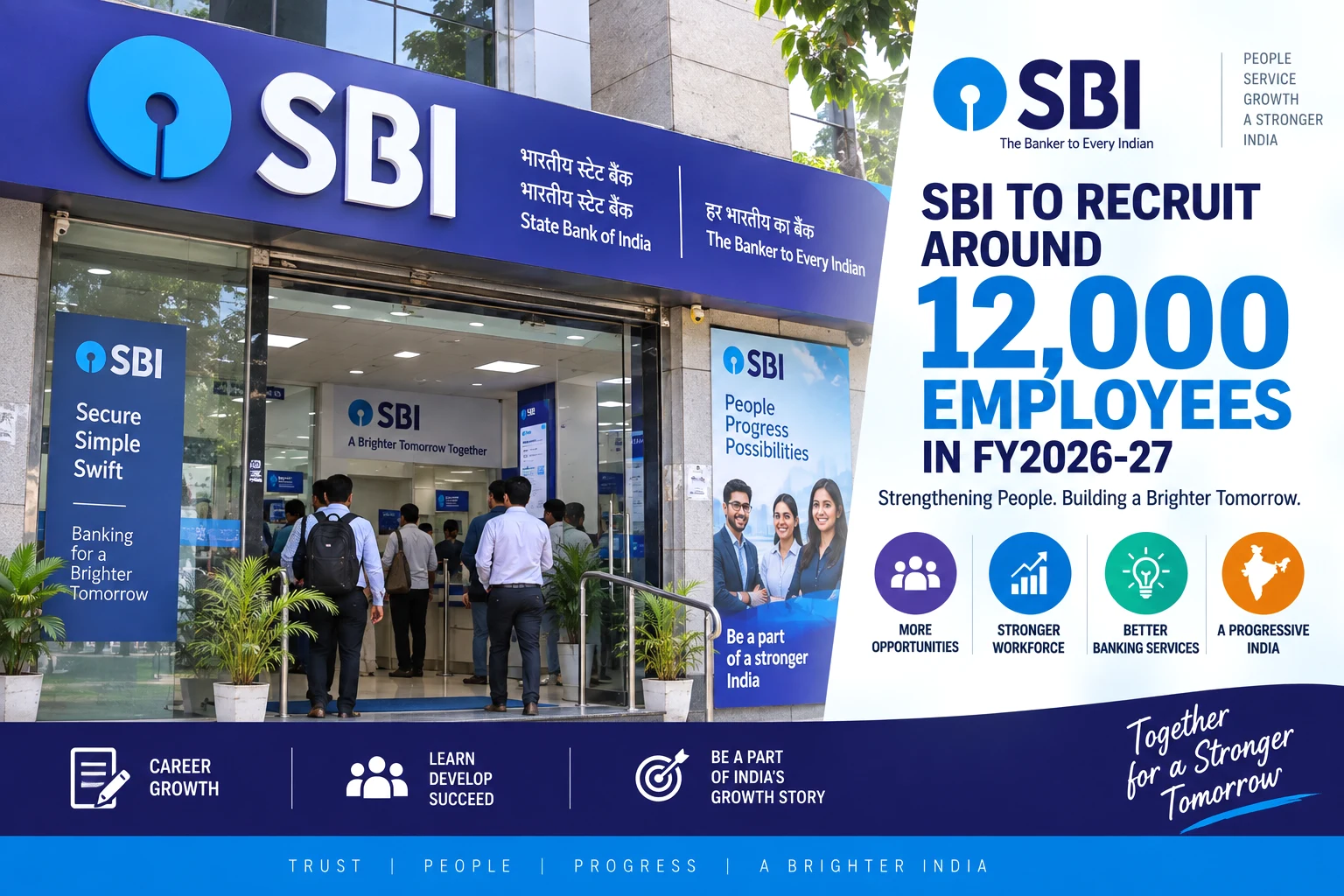 State Bank of India branch representing SBI’s plan to recruit around 12,000 employees during FY2026-27
