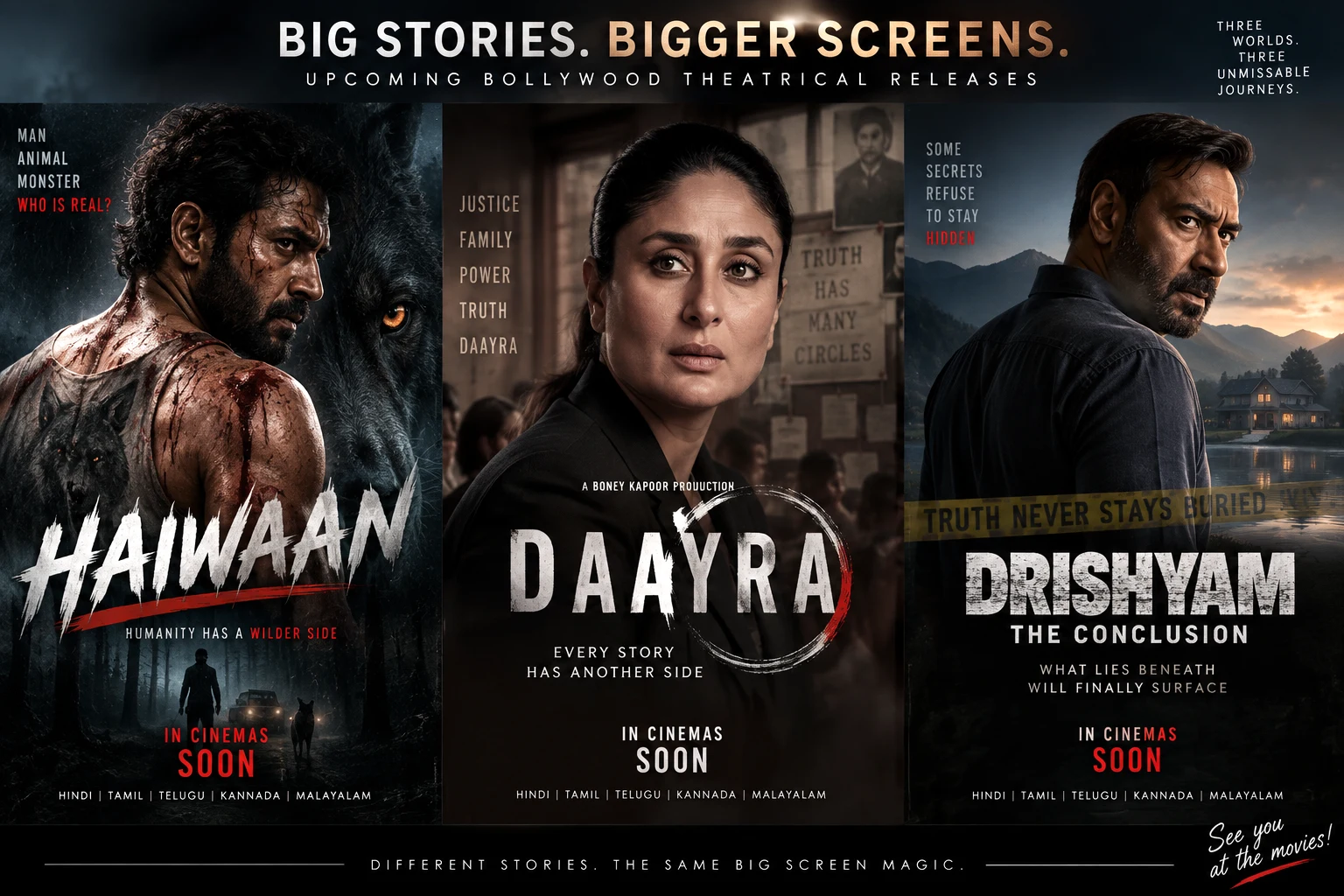Haiwaan, Daayra and Drishyam: The Conclusion representing major upcoming Bollywood theatrical releases