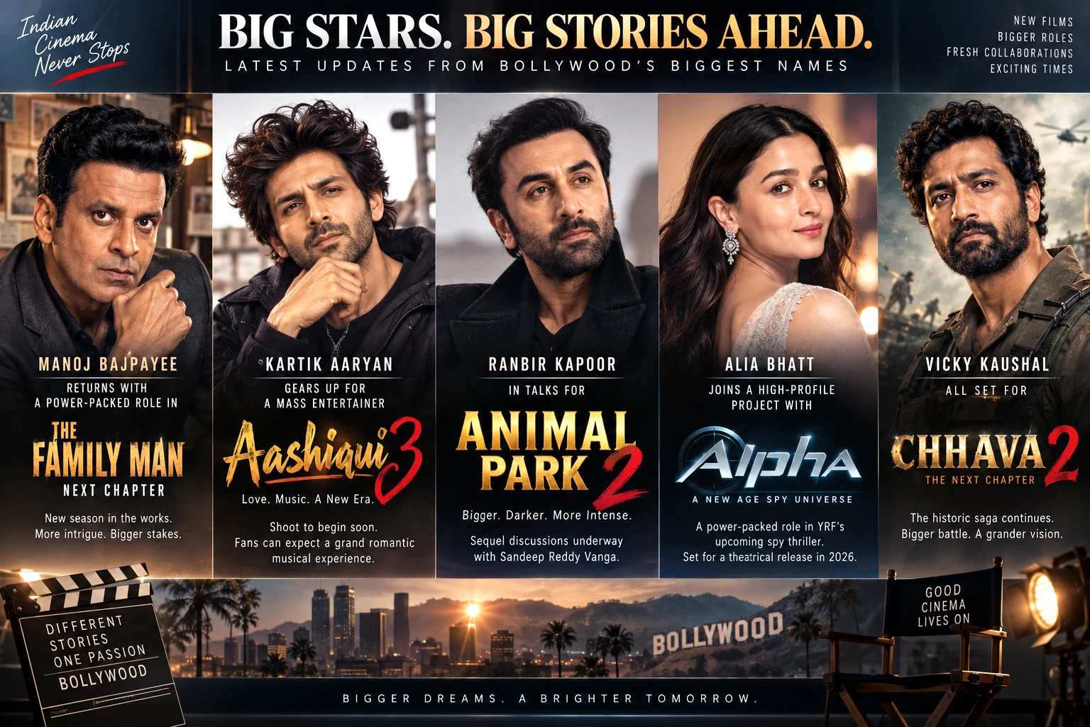 Manoj Bajpayee, Kartik Aaryan, Ranbir Kapoor, Alia Bhatt and Vicky Kaushal representing major Bollywood project updates