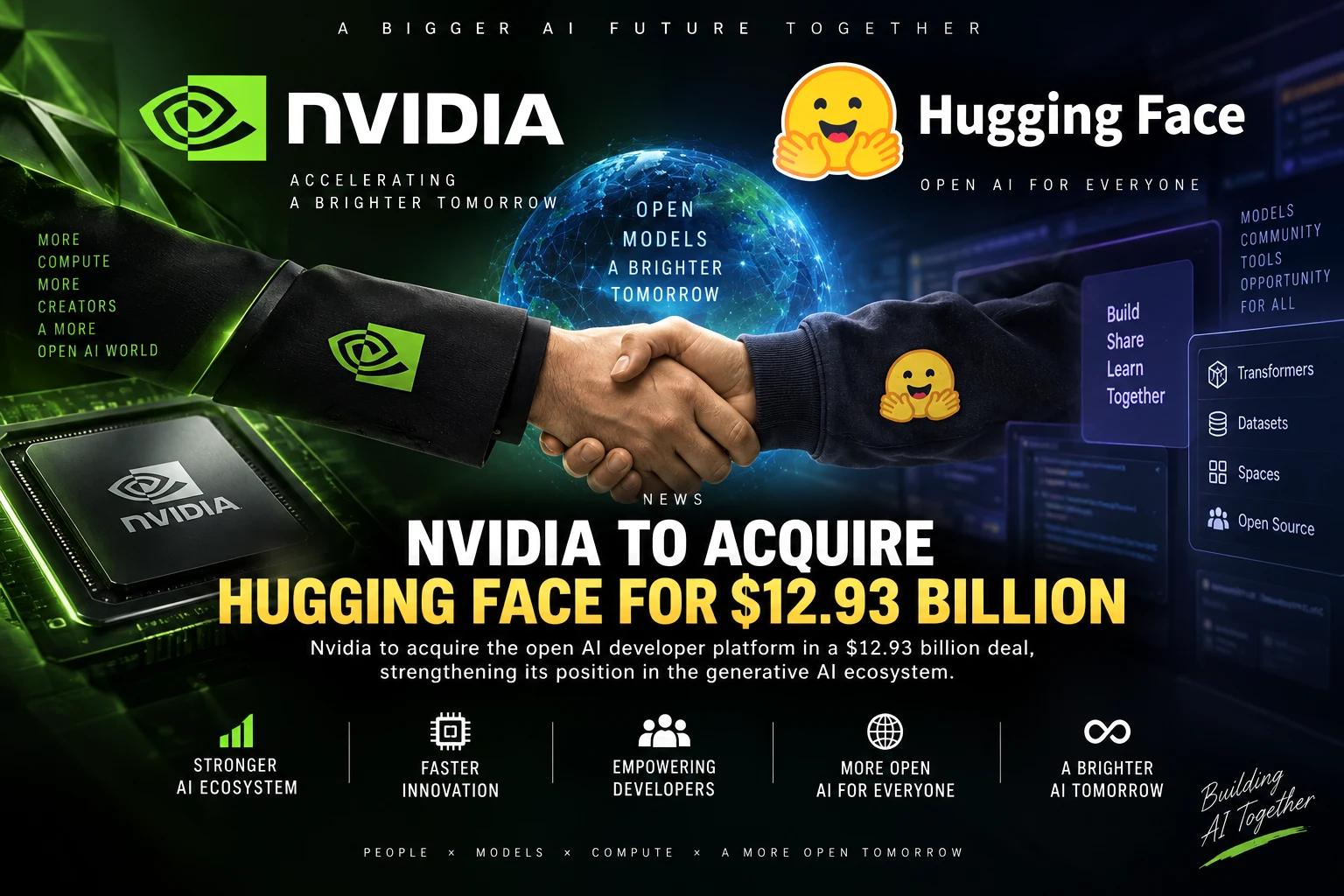 Nvidia and Hugging Face logos representing Nvidia’s $12.93 billion agreement to acquire the open AI developer platform