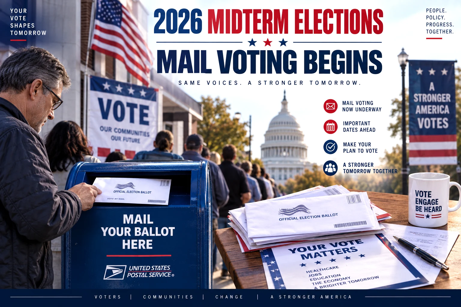 US voters and election materials representing the start of mail voting in the 2026 midterm elections