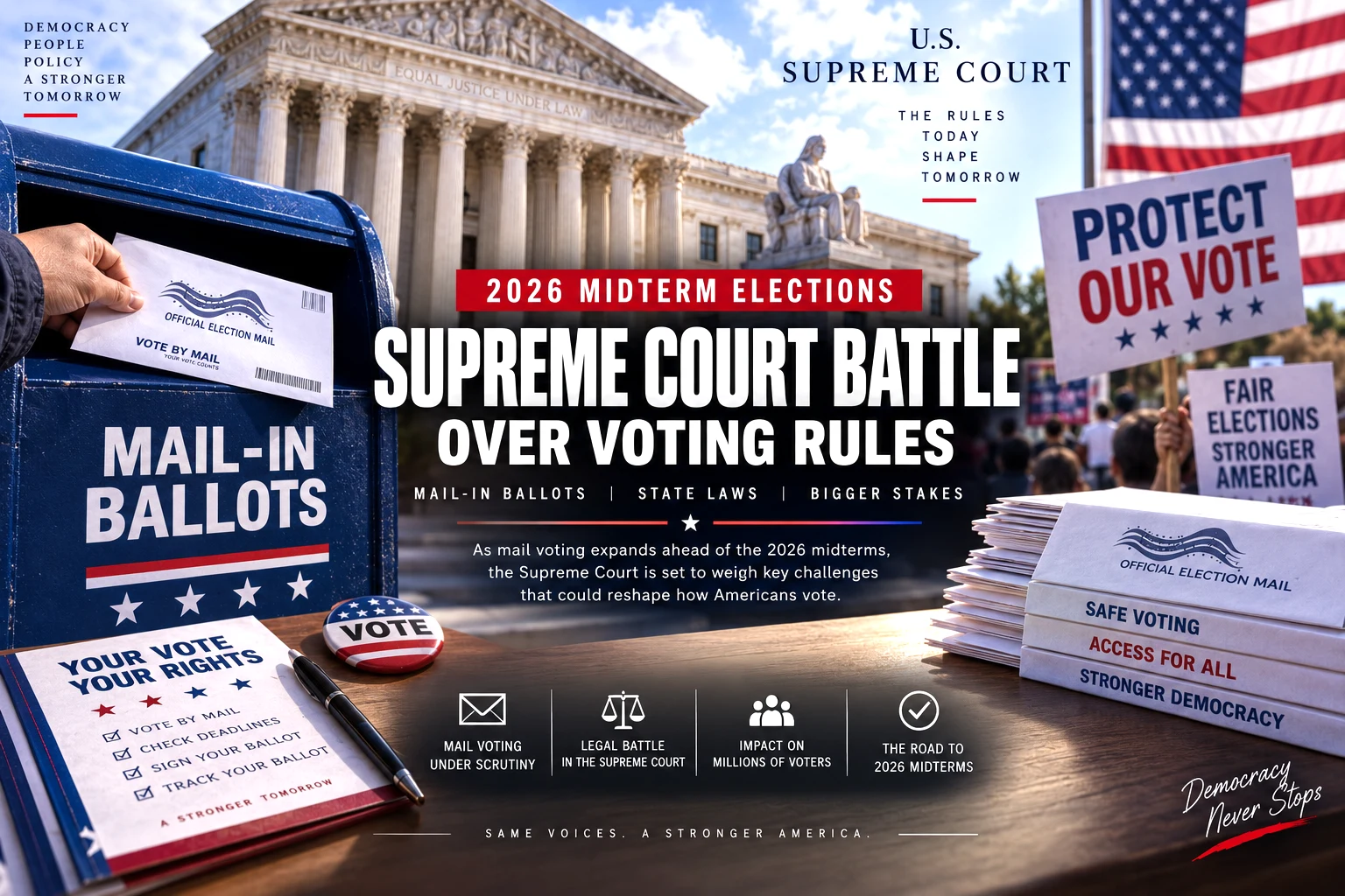 US mail-in ballots and election materials representing the Supreme Court battle over voting rules ahead of the 2026 midterm elections