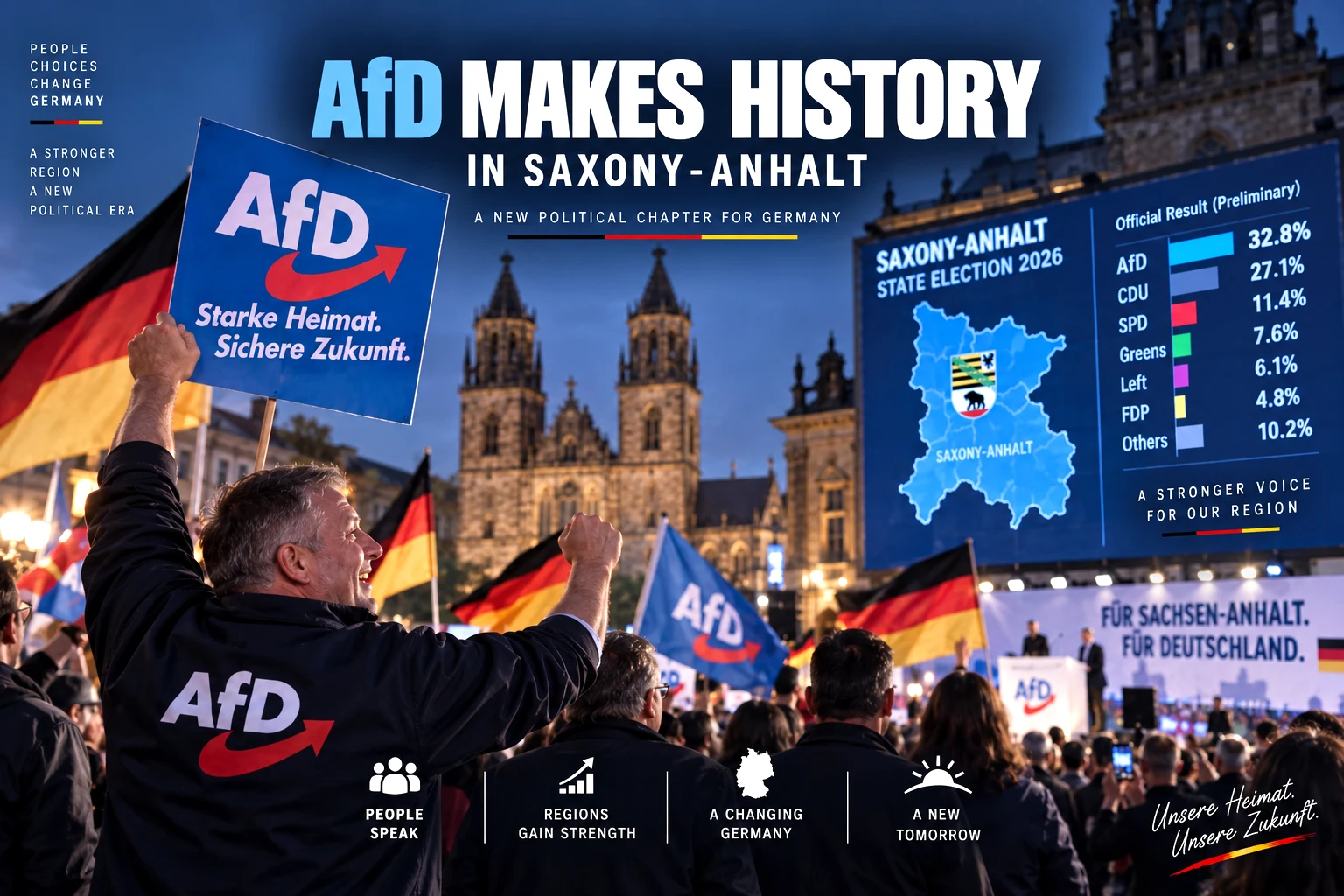 AfD supporters and German election imagery following the party’s historic victory in the 2026 Saxony-Anhalt state election