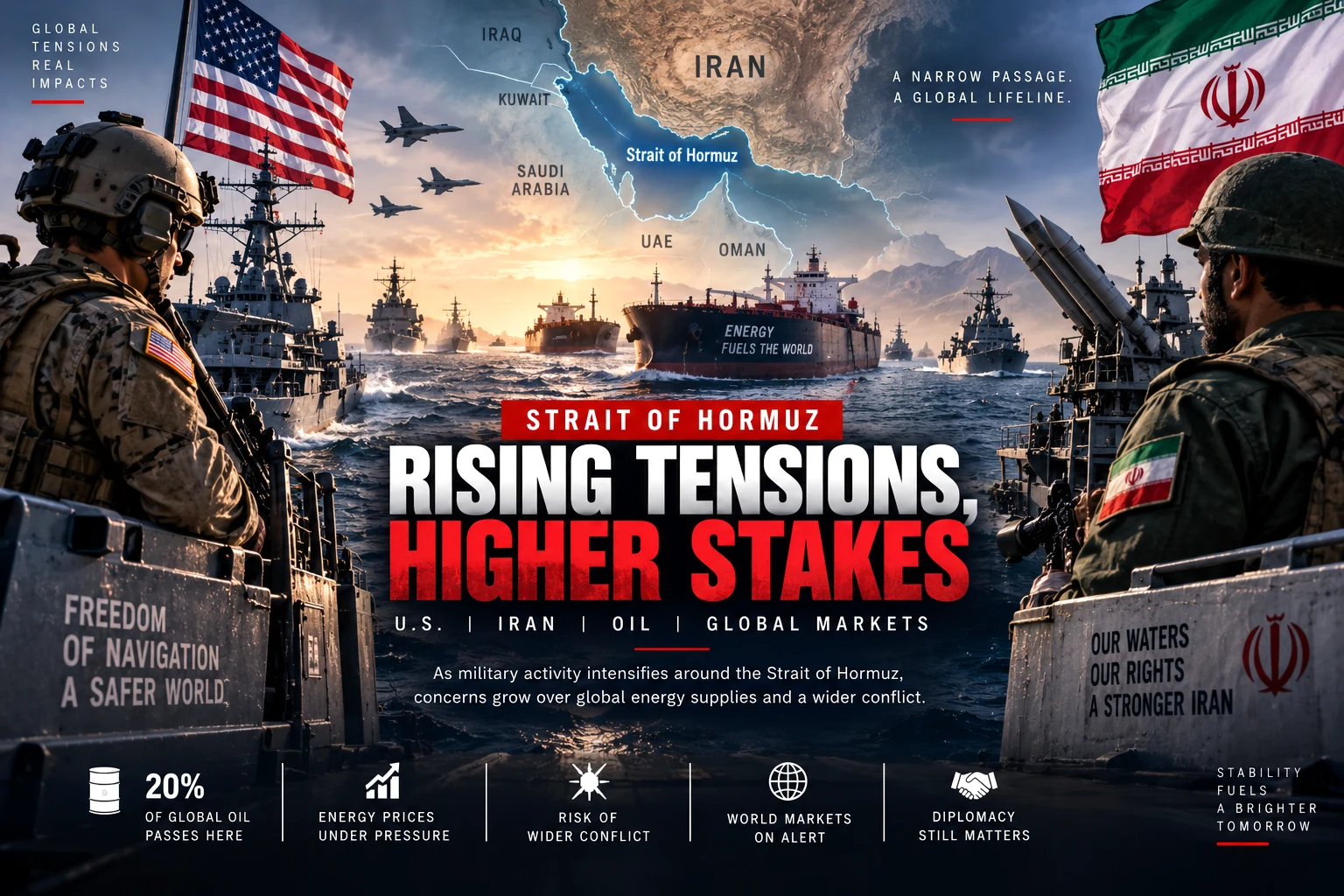 US and Iranian military forces and oil tankers representing escalating conflict around the Strait of Hormuz and global energy supplies