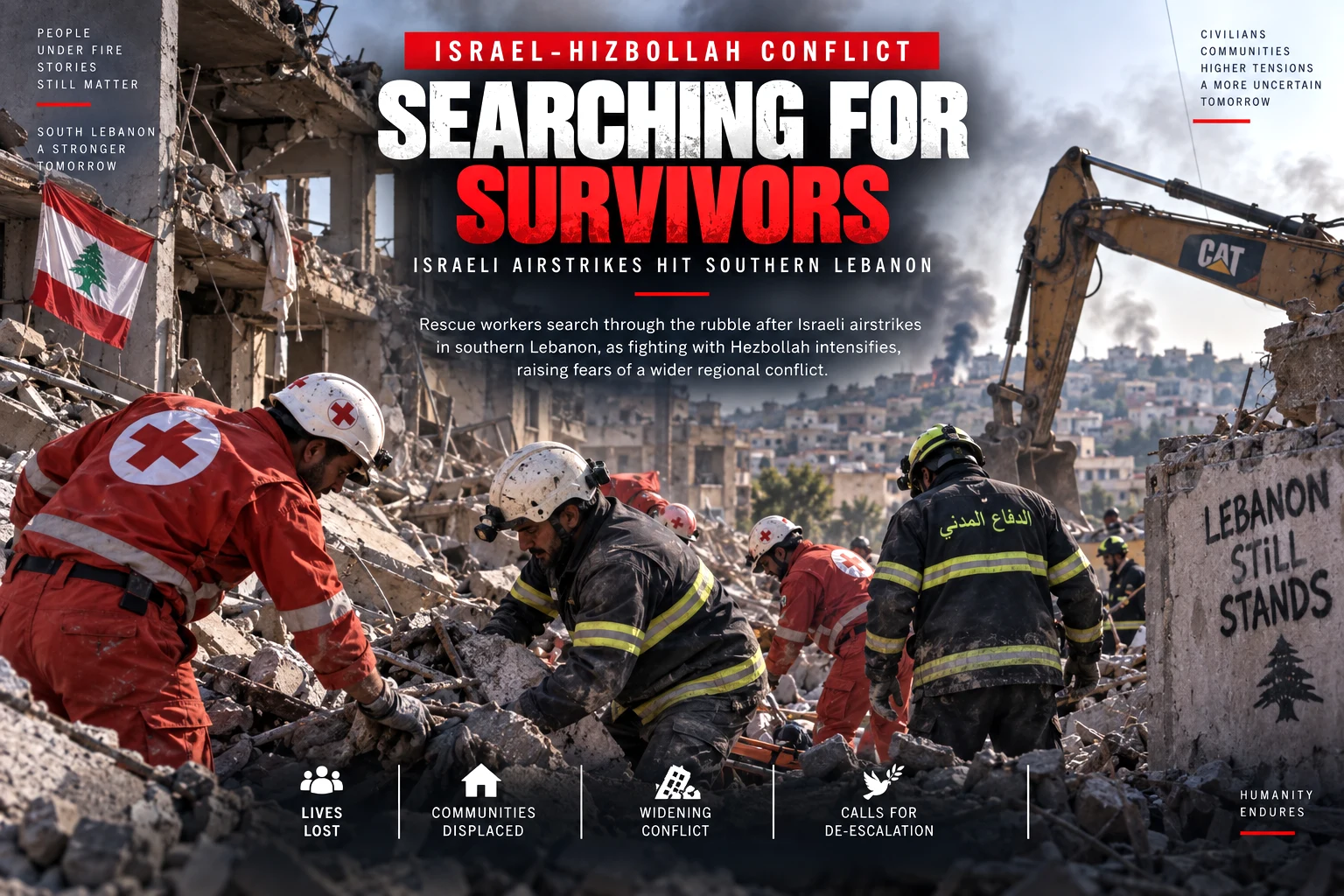 Rescue workers searching rubble after Israeli airstrikes in southern Lebanon amid renewed fighting with Hezbollah
