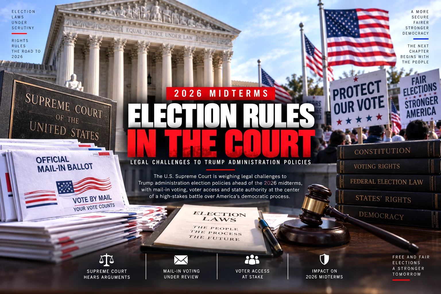 US Supreme Court, mail ballots and voting materials representing legal challenges to Trump administration election policies ahead of the 2026 midterms