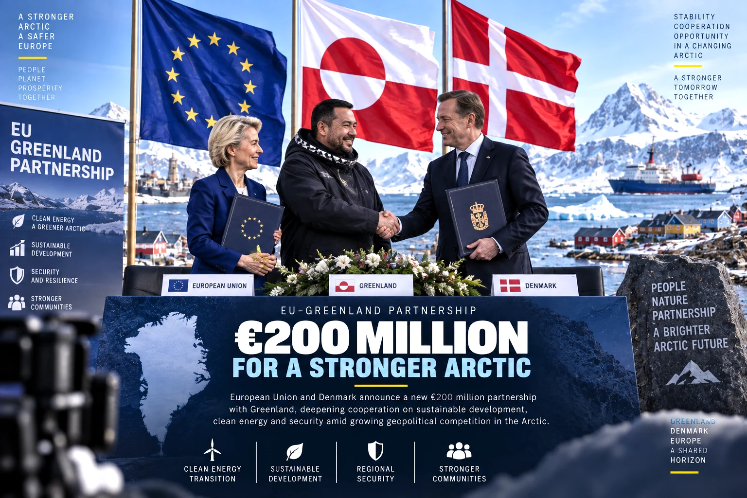 European Union, Greenland and Danish flags representing a new €200 million partnership amid growing Arctic geopolitical competition