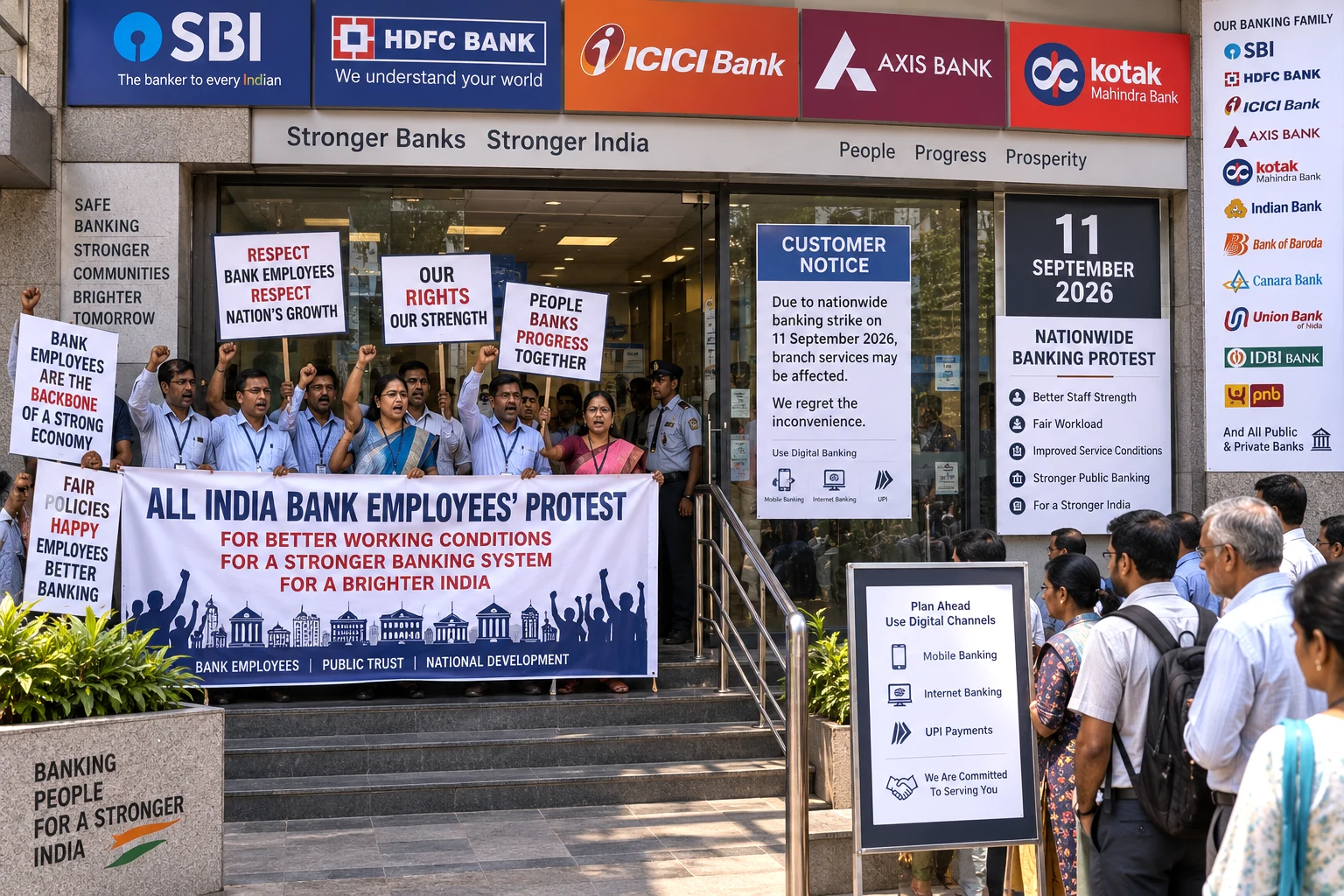Bank employees participating in a nationwide banking protest as customers prepare for possible branch disruptions on September 11, 2026