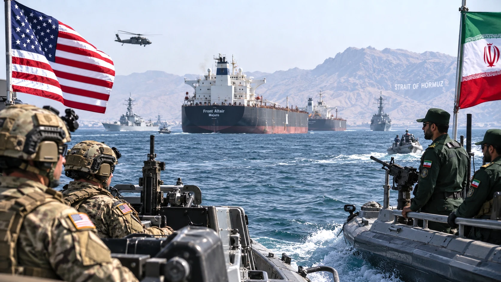 US and Iranian military forces and oil tankers representing escalating conflict around the Strait of Hormuz and global energy supplies