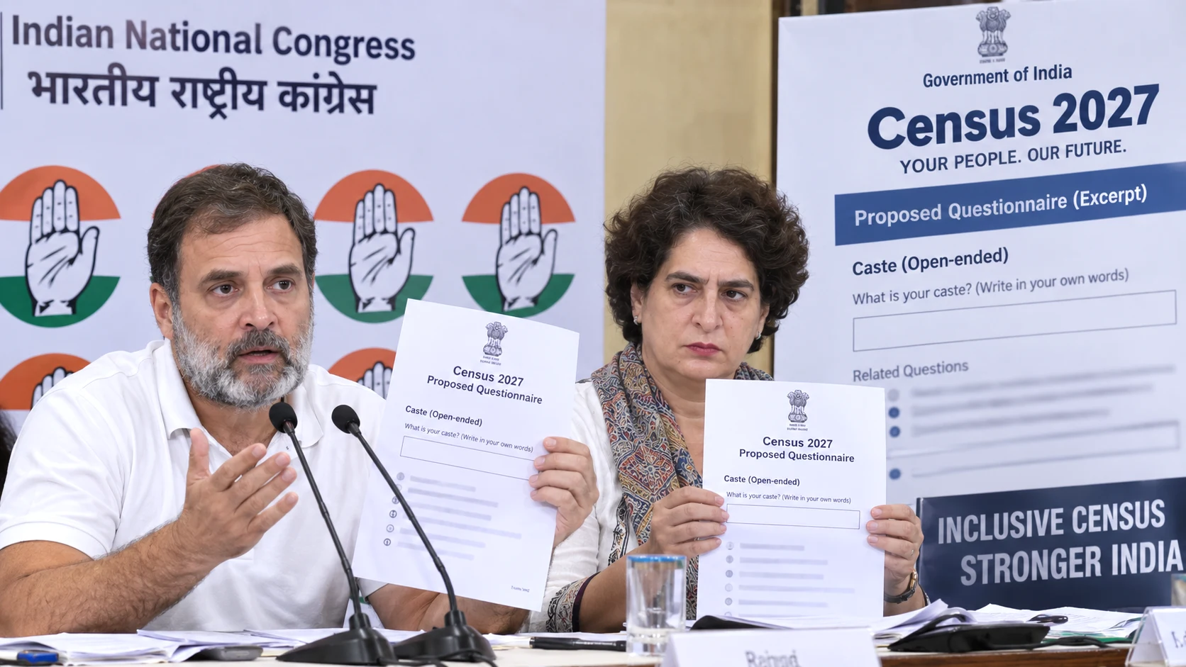 Congress leaders and the Census 2027 questionnaire representing the political dispute over India’s open-ended caste enumeration format
