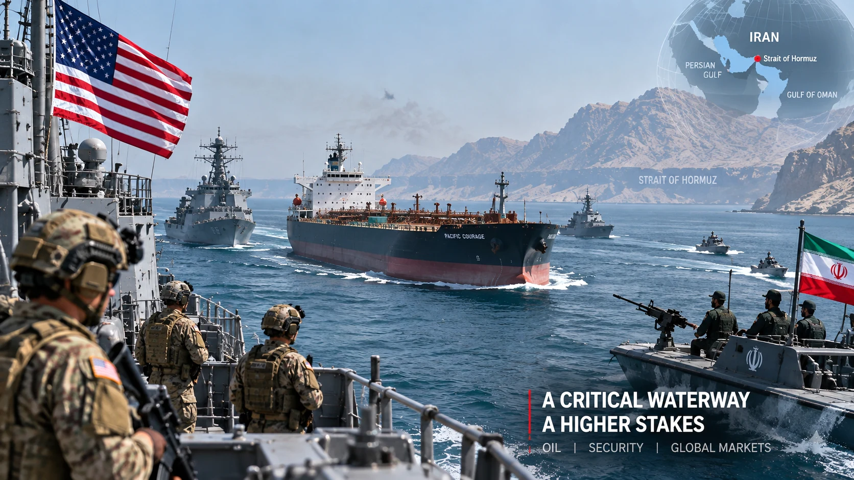 US and Iranian military forces and oil tankers representing escalating conflict around the Strait of Hormuz and global energy supplies