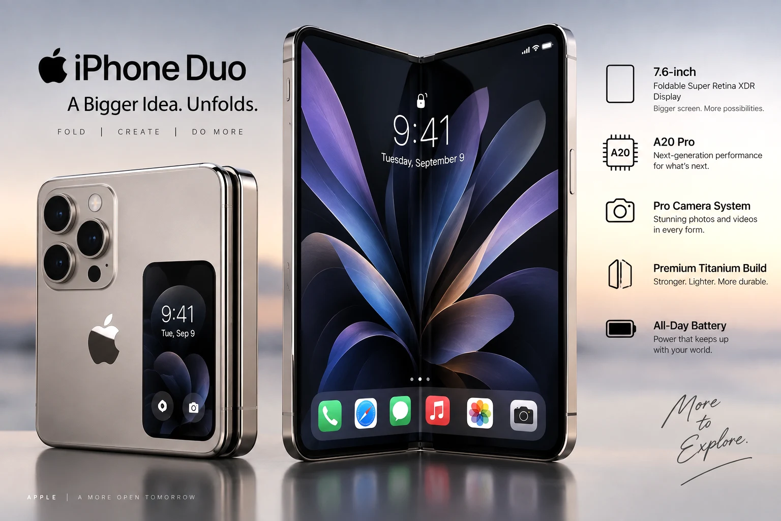 Apple iPhone Duo first foldable iPhone shown open and folded with its 7.6-inch display