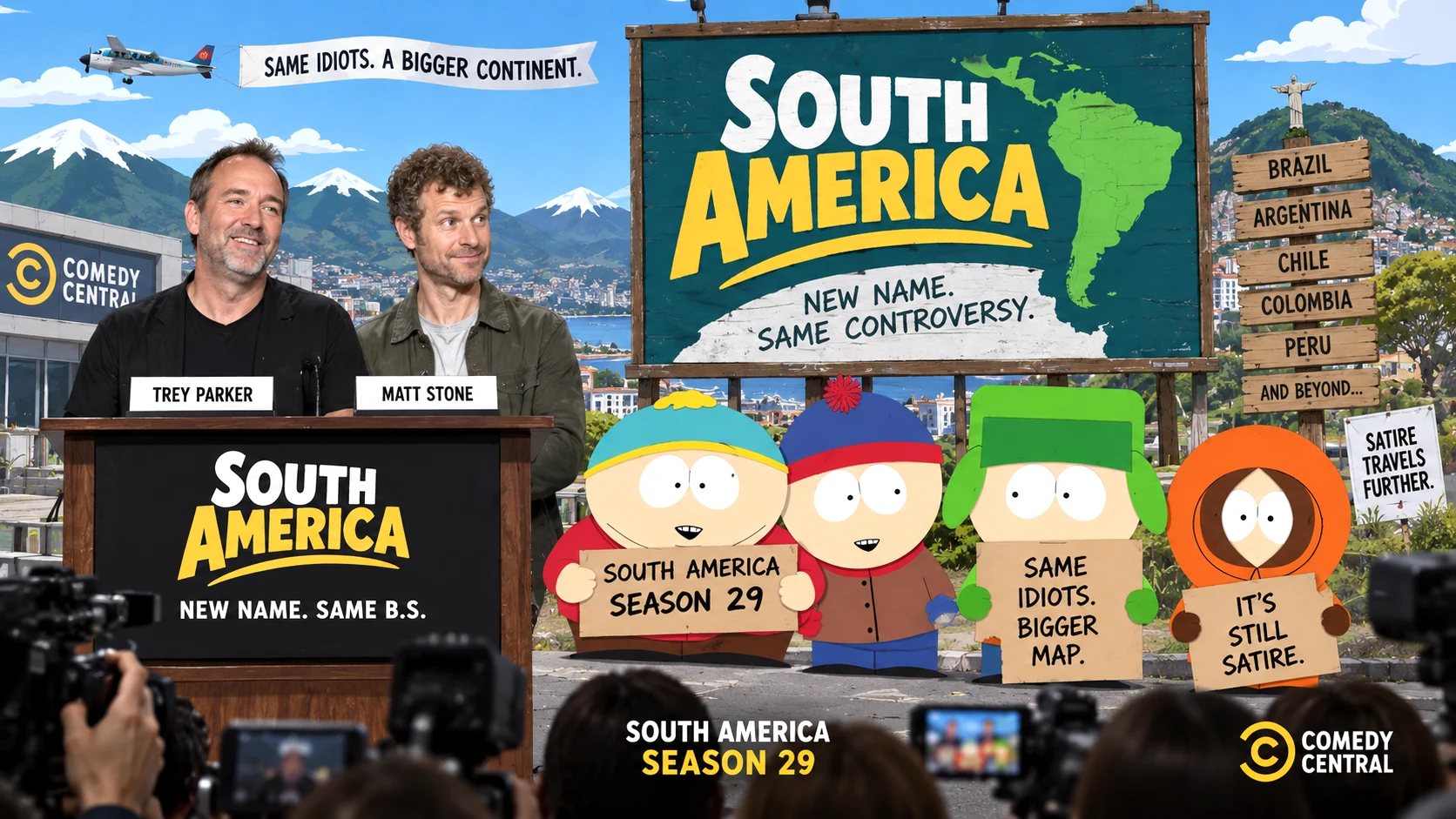 South Park characters and South America branding representing Trey Parker and Matt Stone’s satirical Season 29 name-change campaign