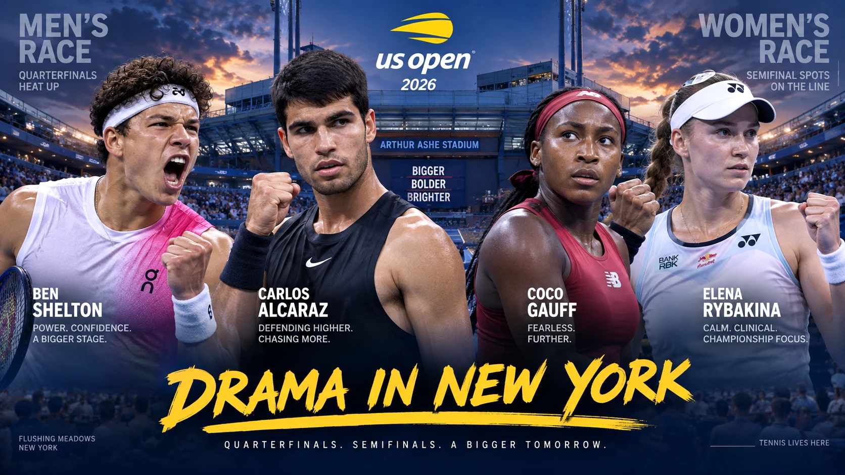 Ben Shelton, Carlos Alcaraz, Coco Gauff and Elena Rybakina representing the dramatic quarterfinal and semifinal races at the 2026 US Open