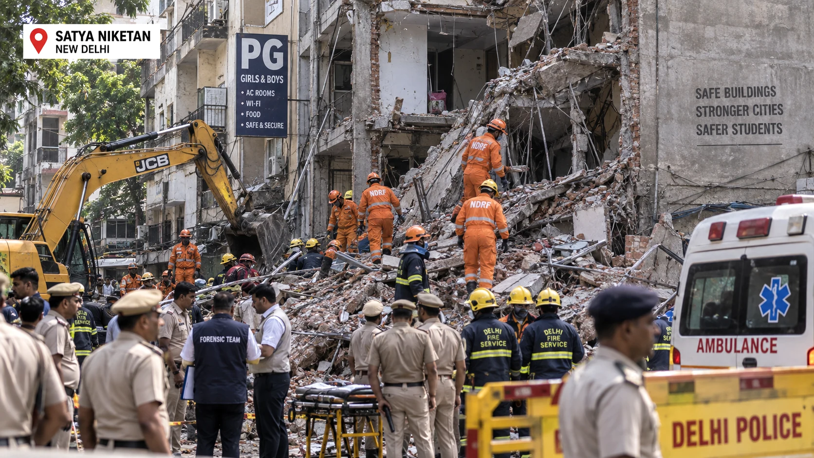 Police and rescue personnel at the Satya Niketan building collapse site in Delhi as investigators examine PG safety and renovation work
