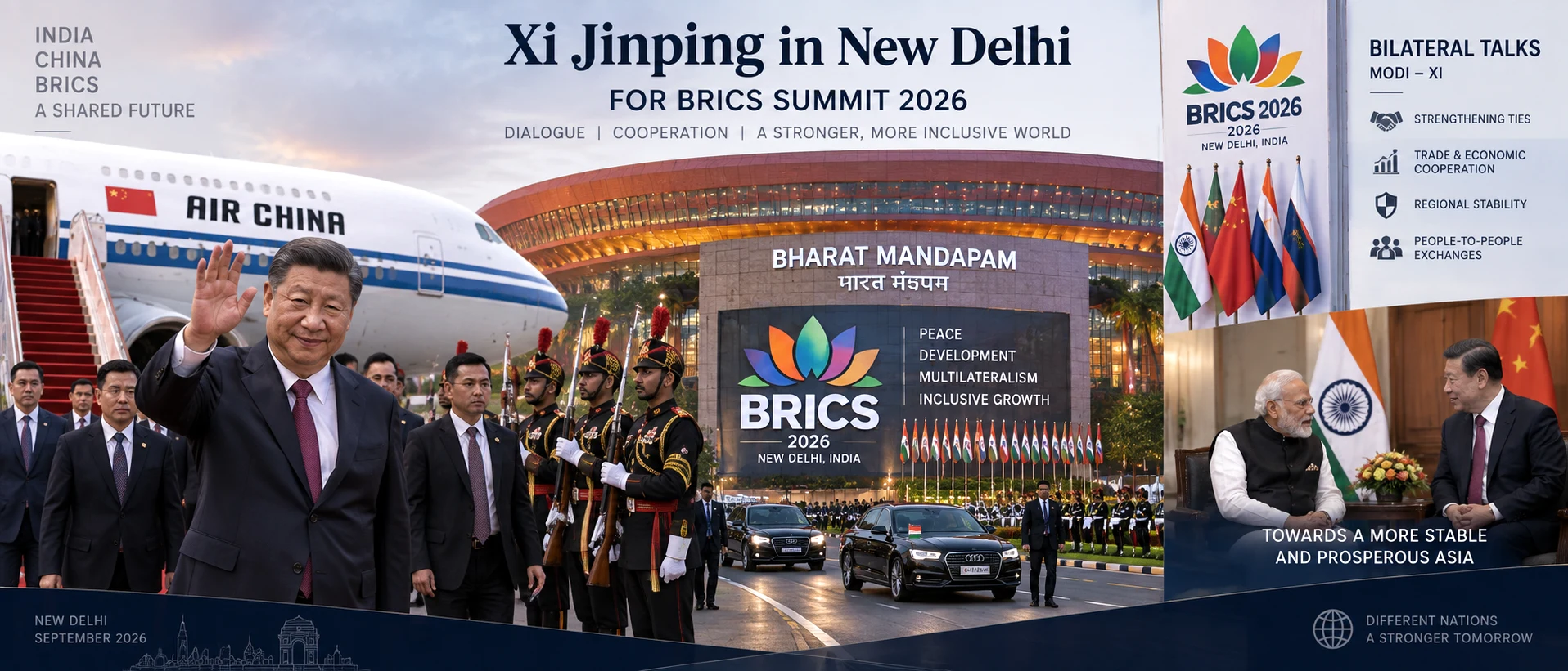 Editorial image representing Xi Jinping’s arrival in New Delhi for the 2026 BRICS Summit, with Bharat Mandapam and the scheduled Modi-Xi talks represented conceptually