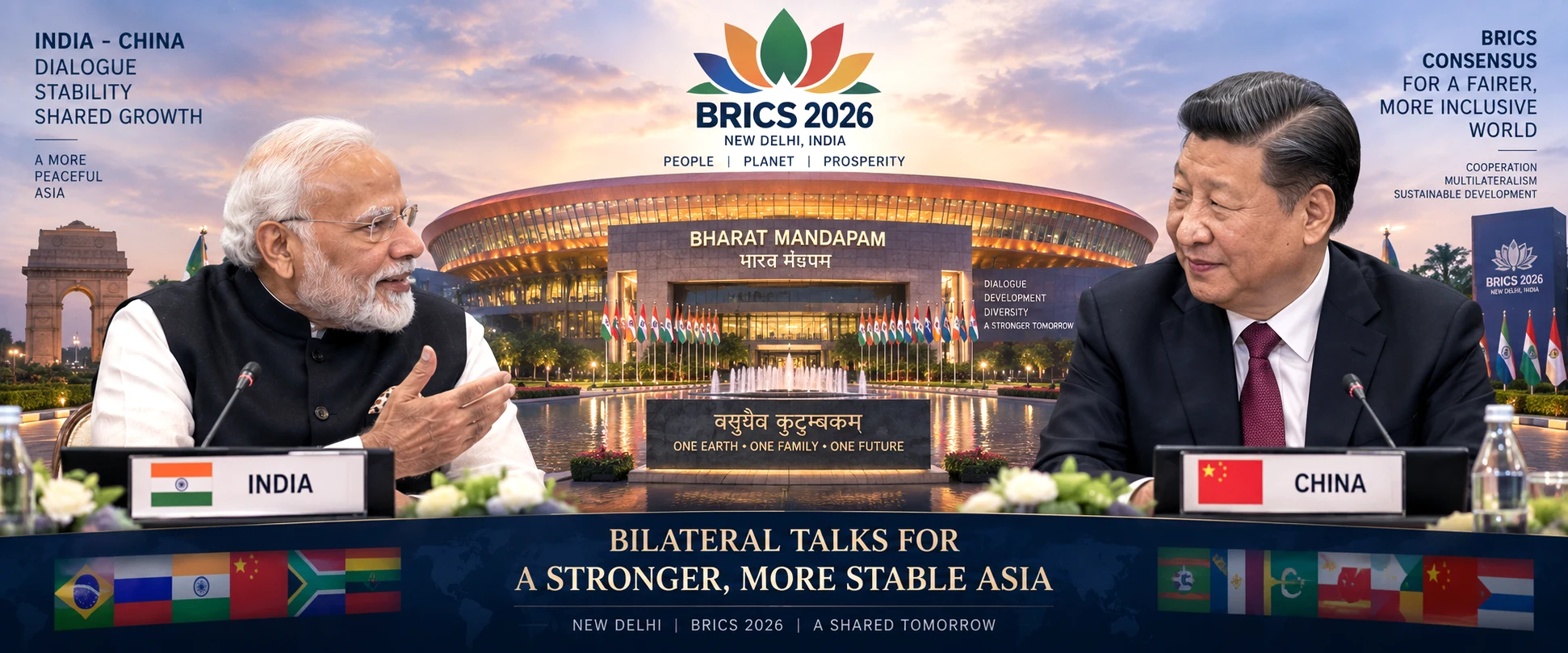 Conceptual editorial illustration of Narendra Modi and Xi Jinping with Bharat Mandapam representing their scheduled bilateral talks and BRICS consensus negotiations in New Delhi