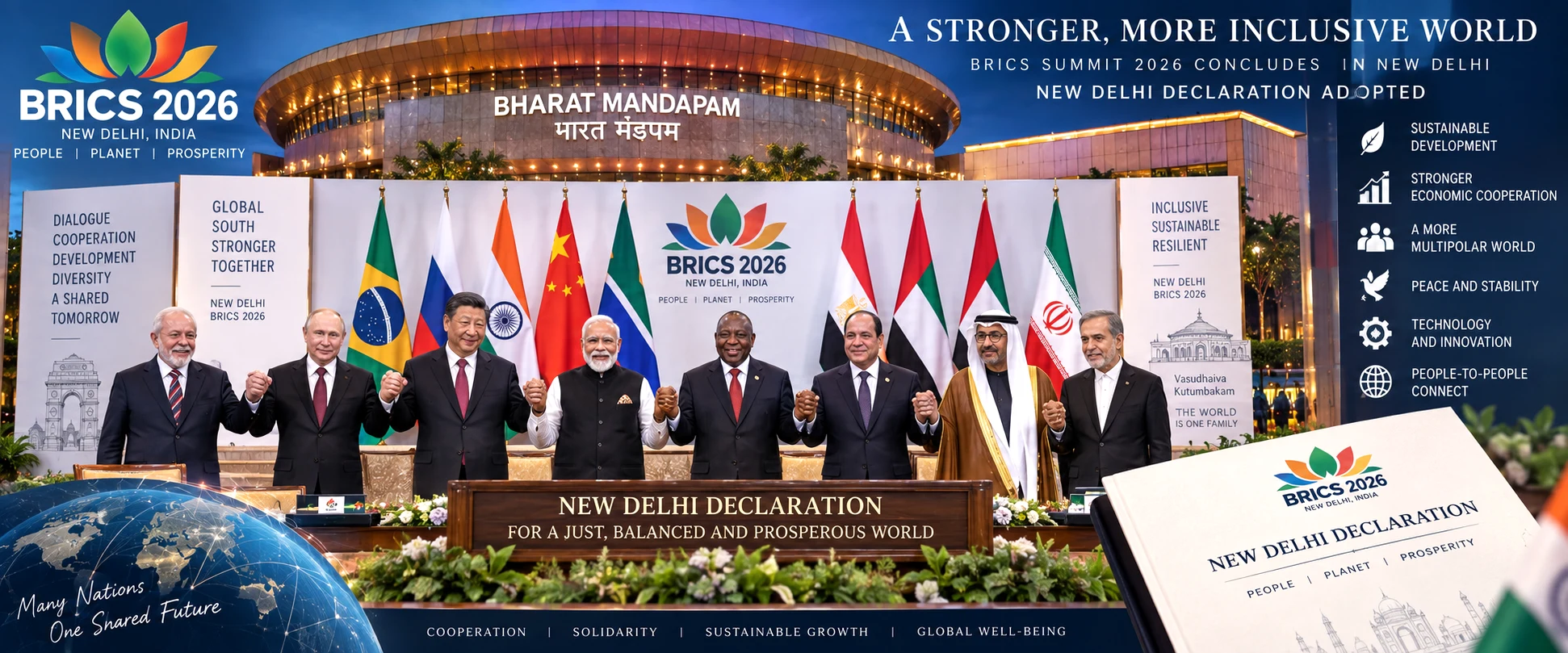 Editorial illustration representing the conclusion of the 2026 BRICS Summit at Bharat Mandapam in New Delhi and the adoption of the New Delhi Declaration