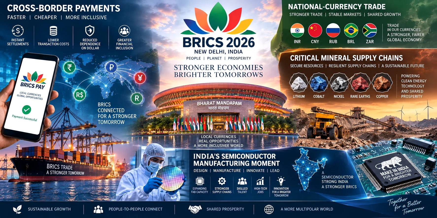 Editorial illustration representing BRICS cross-border payments, national-currency trade, critical-mineral supply chains and India’s growing semiconductor manufacturing sector