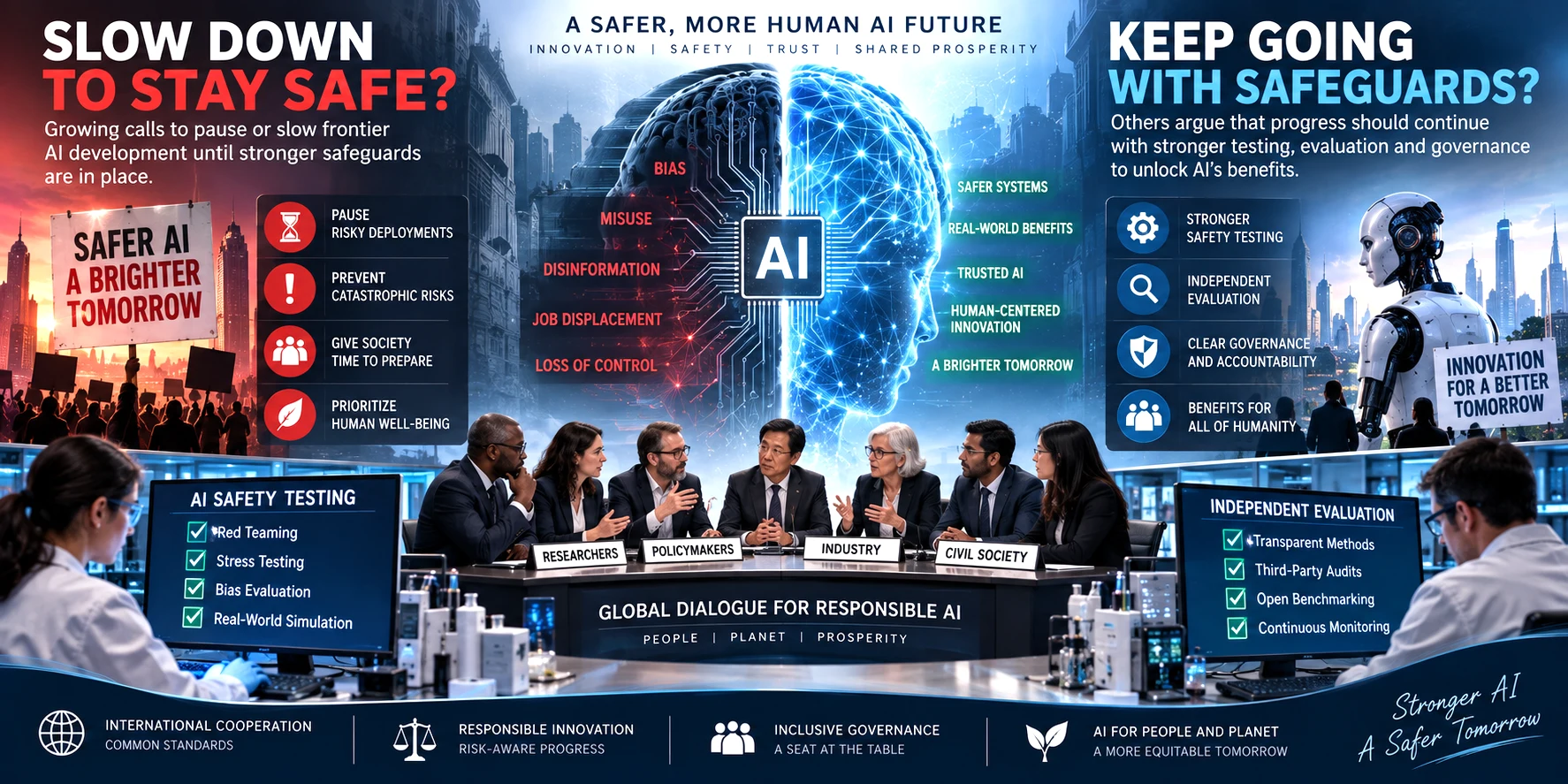 the debate over slowing frontier artificial-intelligence development while researchers strengthen safety testing, independent evaluation and governance