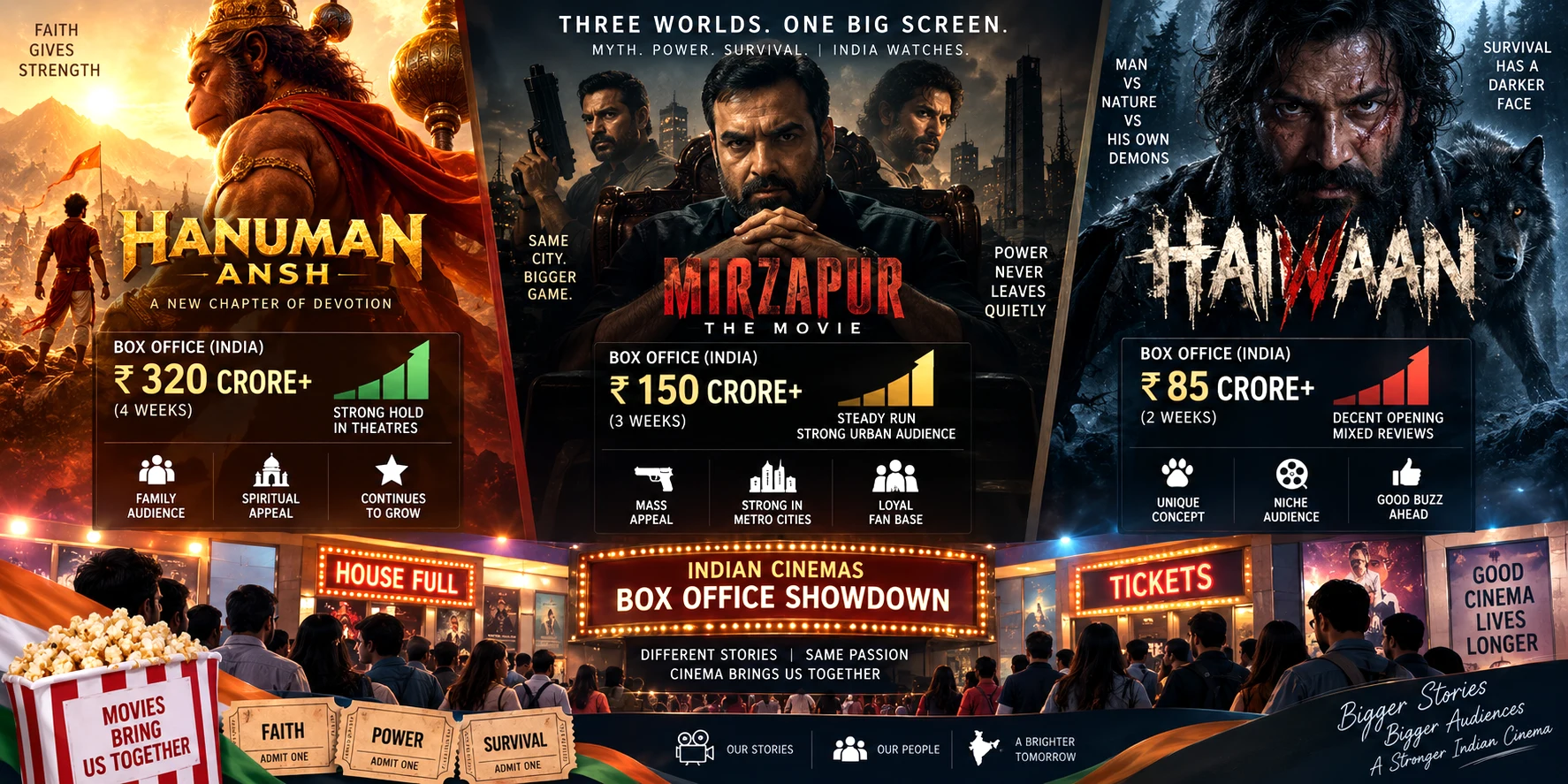 representing the contrasting box-office runs of Hanuman Ansh, Mirzapur: The Movie and Haiwaan in Indian cinemas