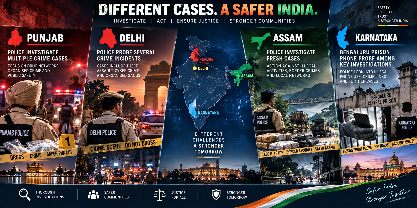 separate police investigations and crime cases in Punjab, Delhi, Assam and Karnataka, including a Bengaluru prison phone probe