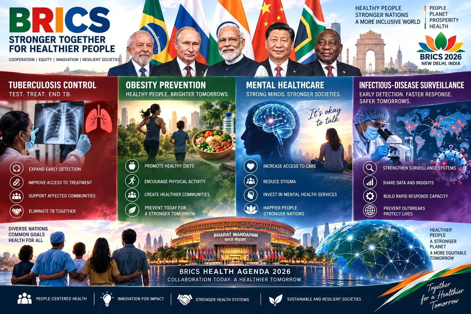 BRICS health priorities including tuberculosis control, obesity prevention, mental healthcare and infectious-disease surveillance