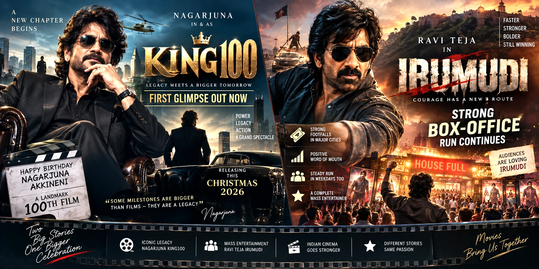Nagarjuna’s King100 first glimpse and release announcement alongside Ravi Teja’s Irumudi continuing its strong box-office run
