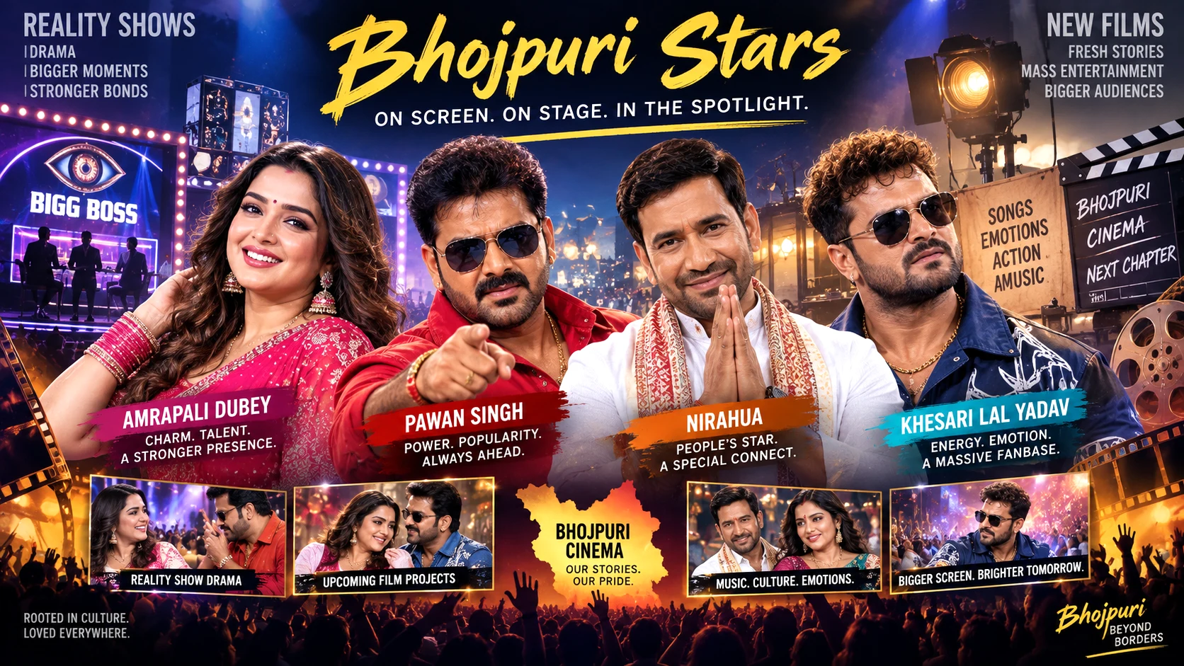 Bhojpuri stars Amrapali Dubey, Pawan Singh, Nirahua and Khesari Lal Yadav across reality television and new film projects