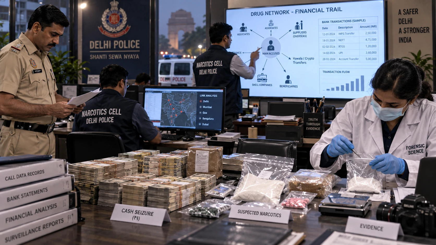 a Delhi Police narcotics investigation involving an alleged drug network, seizures and financial trail analysis