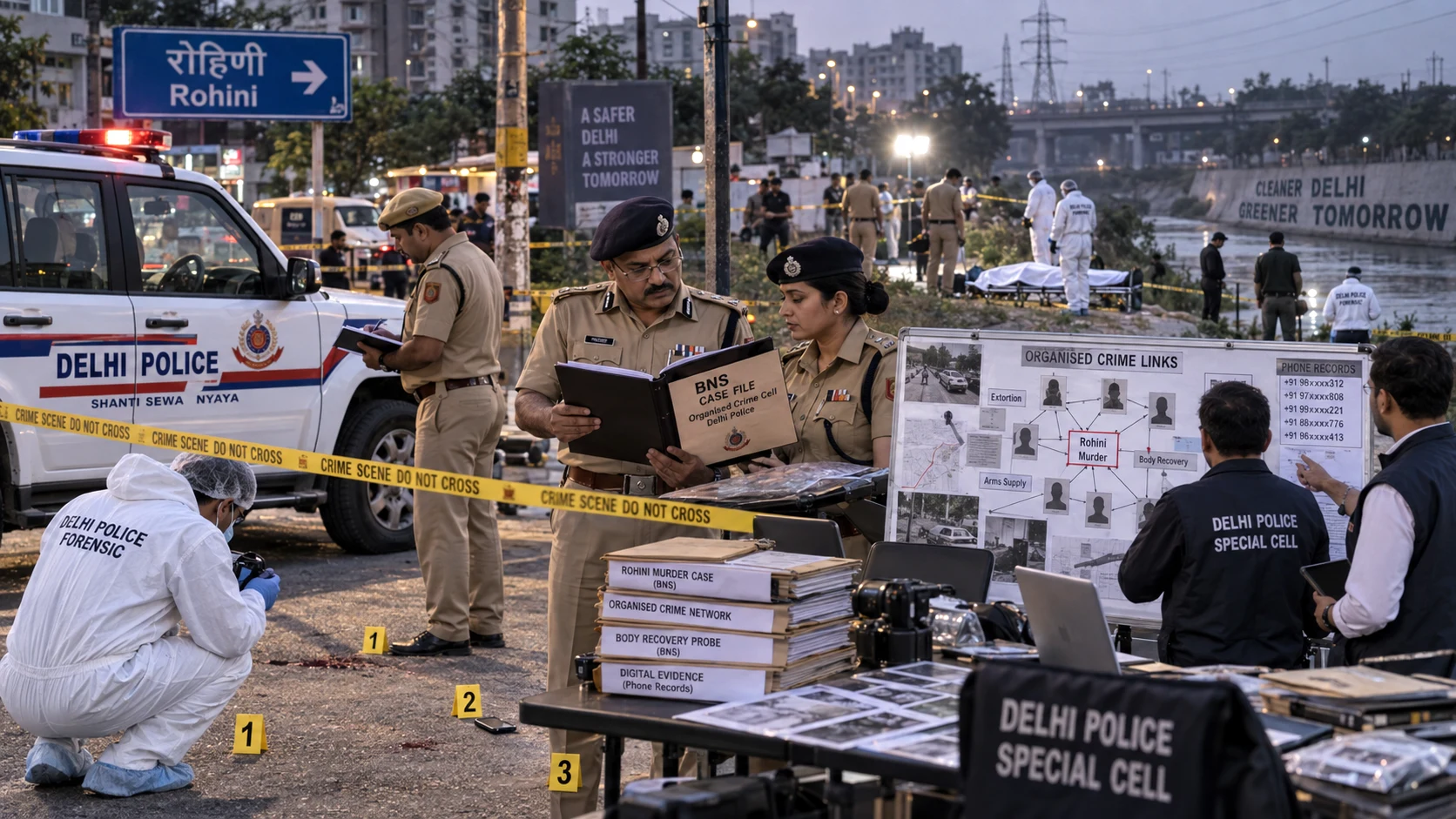 Delhi Police investigations into organised-crime cases under BNS provisions, a Rohini murder and separate body recovery probes