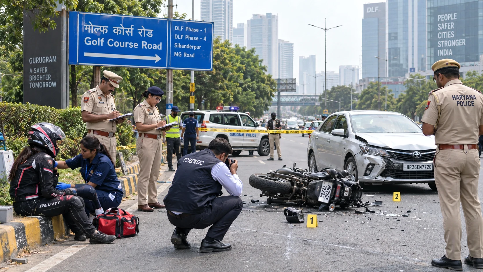 a road-safety investigation into a collision between a woman motorcyclist and a sedan on Gurugram’s Golf Course Road