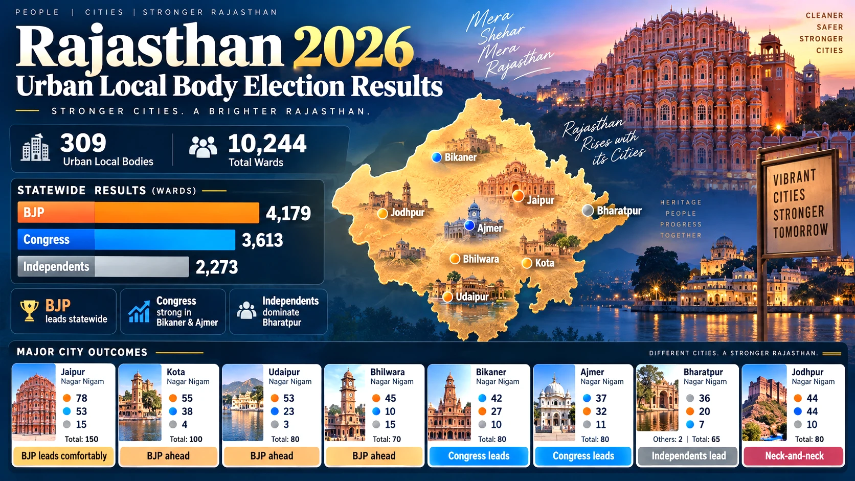 Rajasthan’s 2026 urban local body election results, with BJP, Congress and Indsependent outcomes across major citie