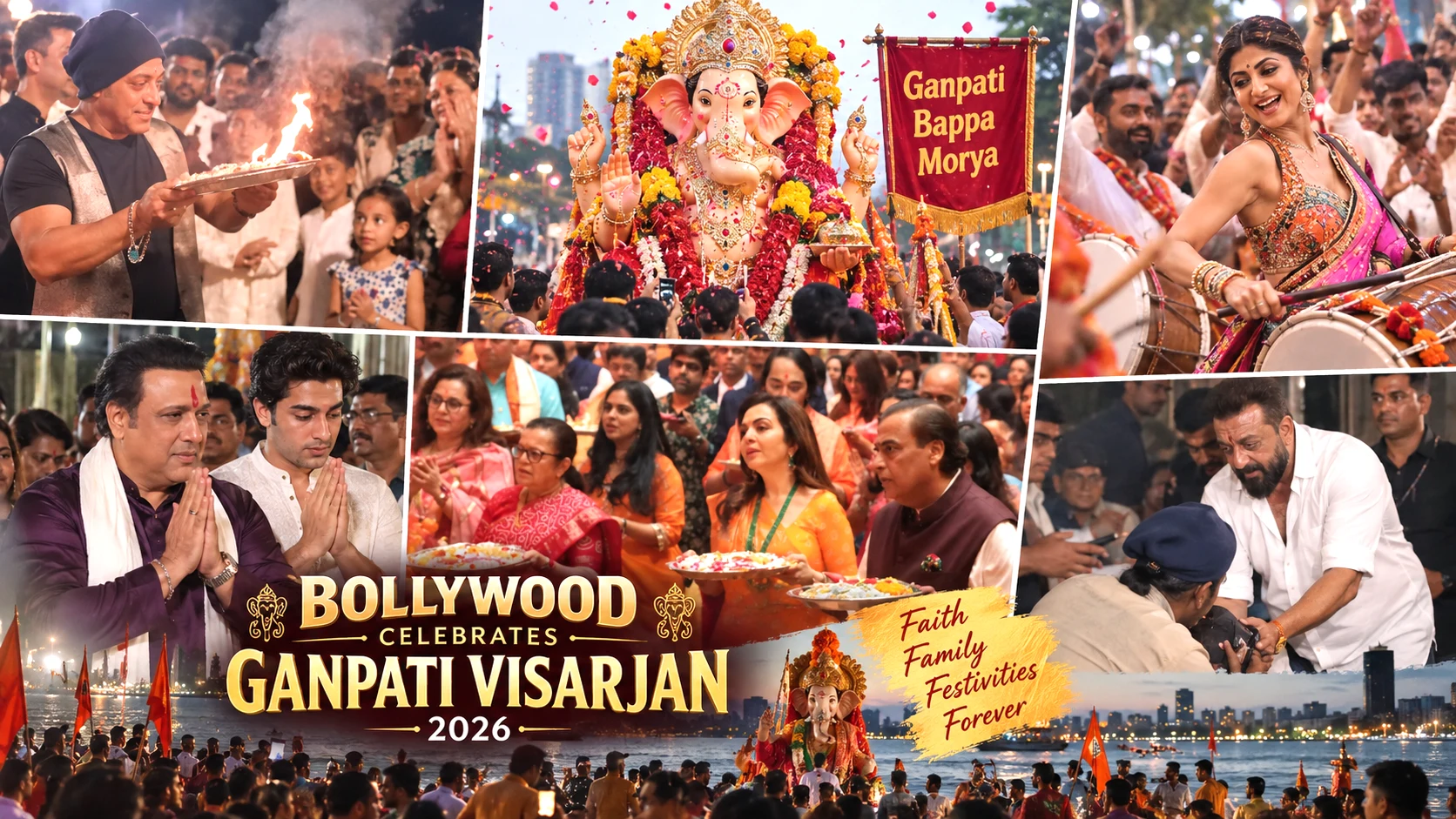 Bollywood stars’ Ganpati Visarjan celebrations in 2026, including family aarti, dhol performances and festival moments