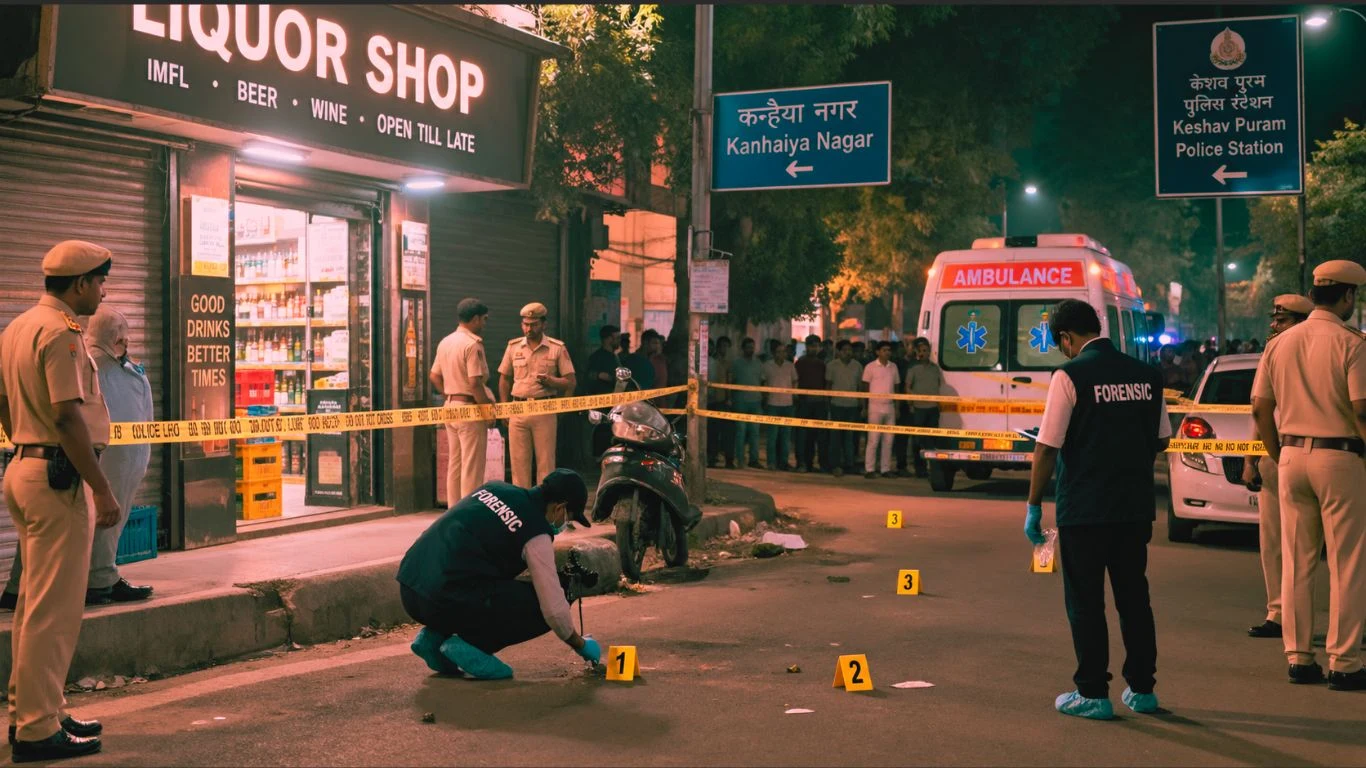 a police investigation into a stabbing incident near a liquor shop in Delhi’s Kanhaiya Nagar area