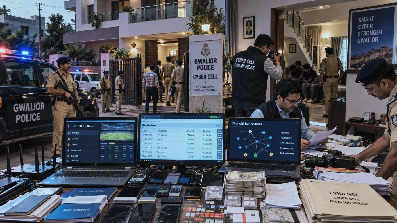 a police raid on an alleged online betting and financial network operating from a residential duplex in Gwalior