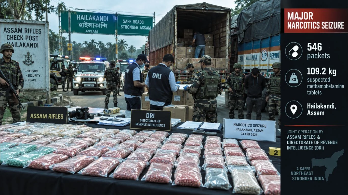 a major narcotics seizure of suspected methamphetamine tablets from trucks in Assam’s Hailakandi district