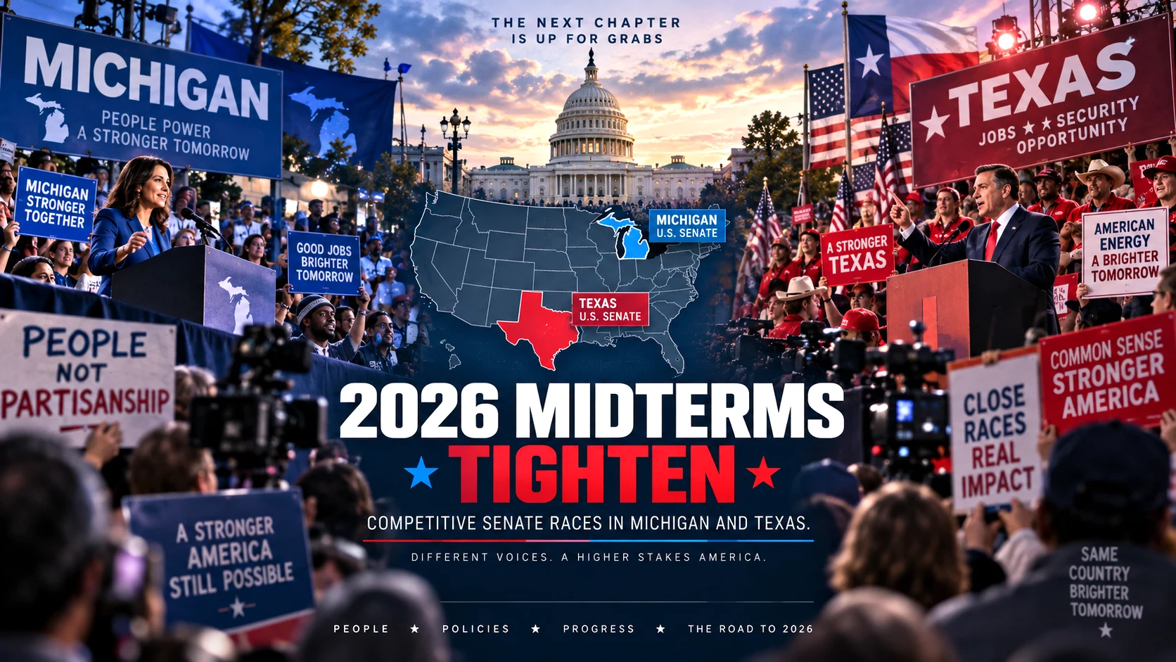 the tightening 2026 US midterm elections, with competitive Senate races in Michigan and Texas and intensified Republican campaigning