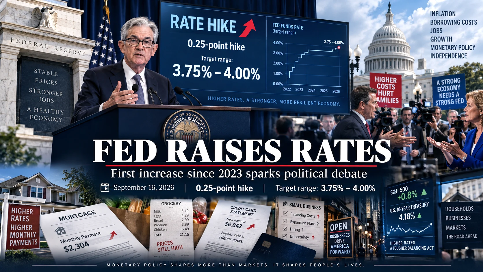 the Federal Reserve’s first interest-rate increase since 2023 and the resulting political debate over monetary policy