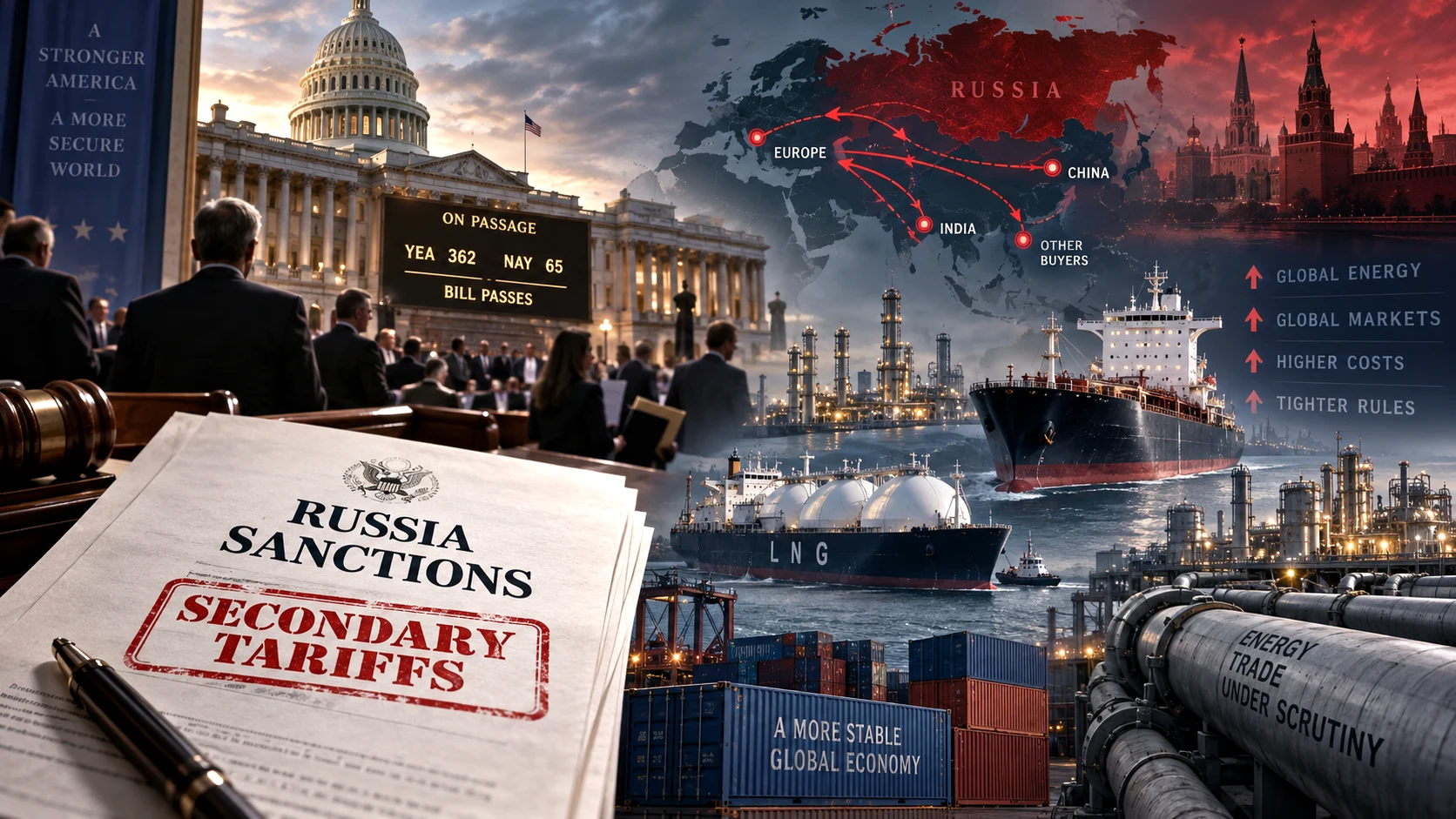 the US Congress passing sweeping Russia sanctions legislation with potential secondary tariffs on major energy buyers