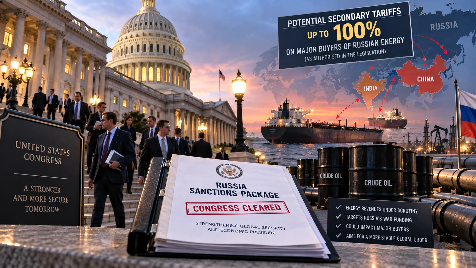 the US Congress clearing a major Russia sanctions package with potential secondary tariffs on large energy-buying countries