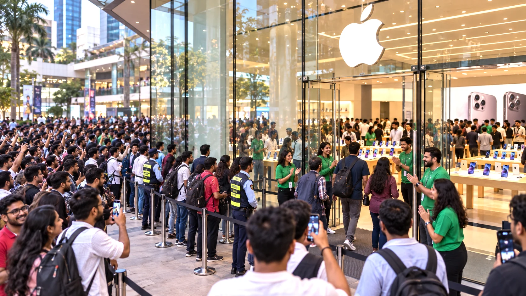 the launch of Apple’s iPhone 18 Pro and Pro Max in India with customers gathering outside retail stores