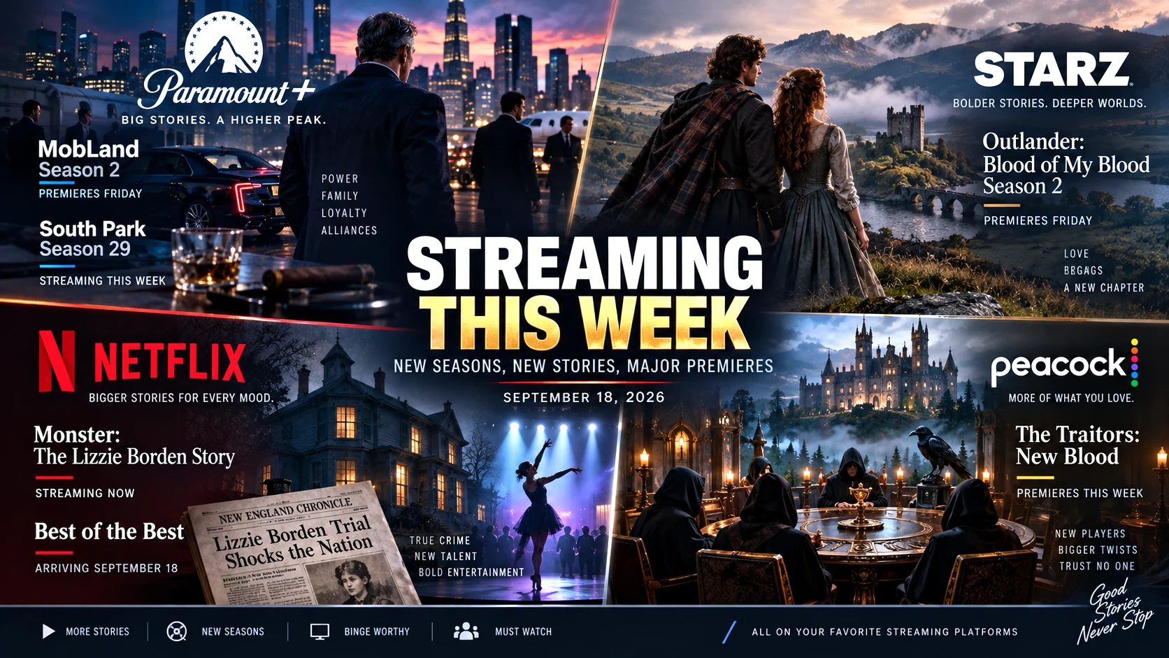 a busy week of new streaming releases across Paramount+, Starz, Netflix and Peacock