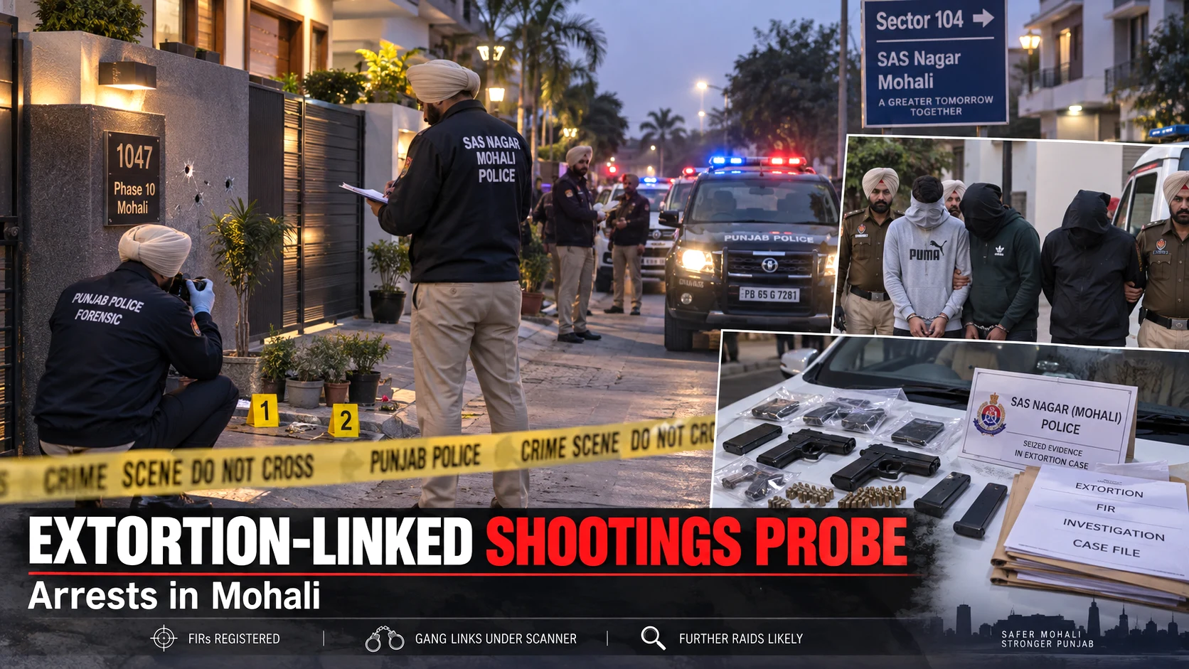 a police investigation into extortion-linked shootings and arrests in Mohali